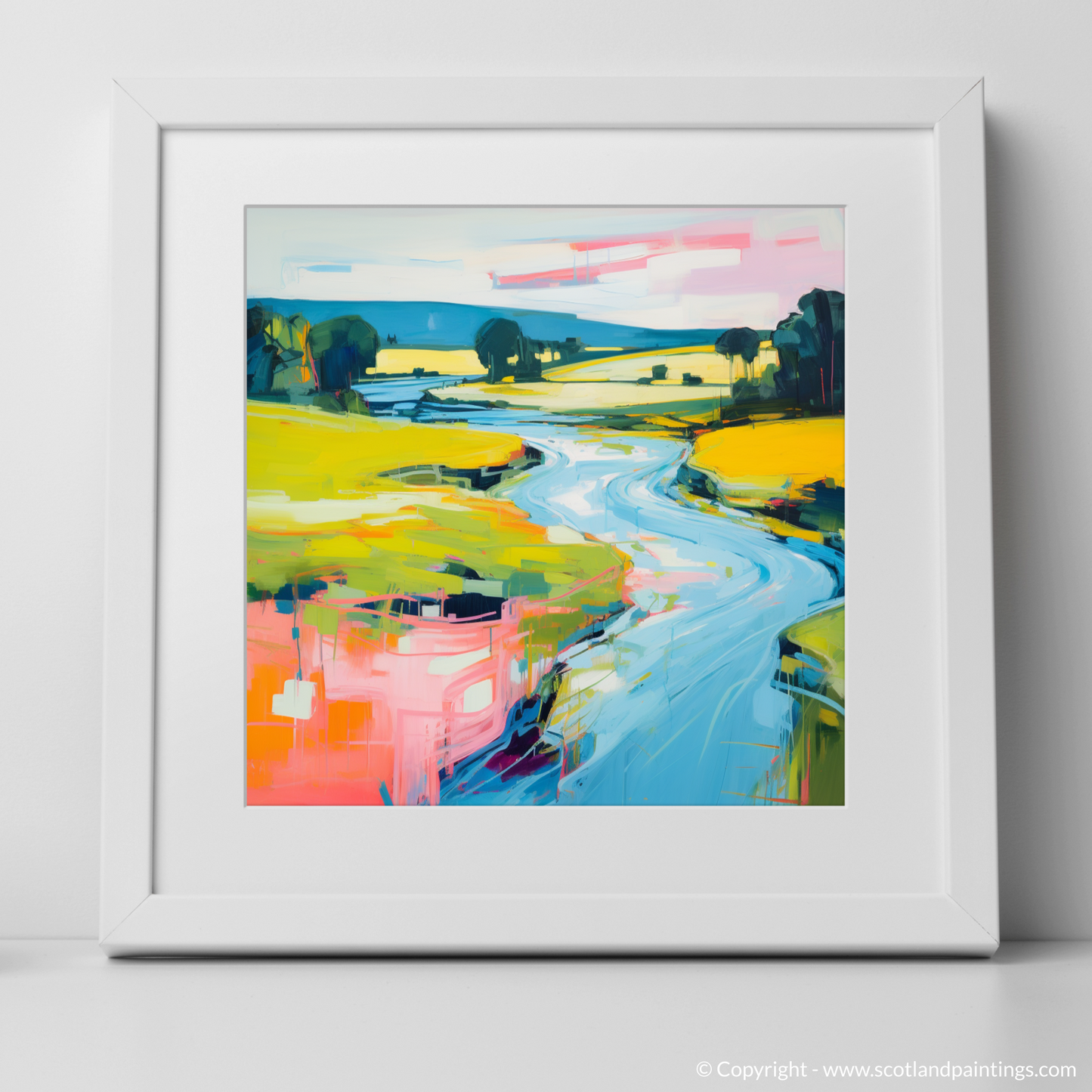 Painting and Art Print of River Nith, Dumfries and Galloway in summer. Summer Splendour of River Nith: A Modern Scottish Panorama.