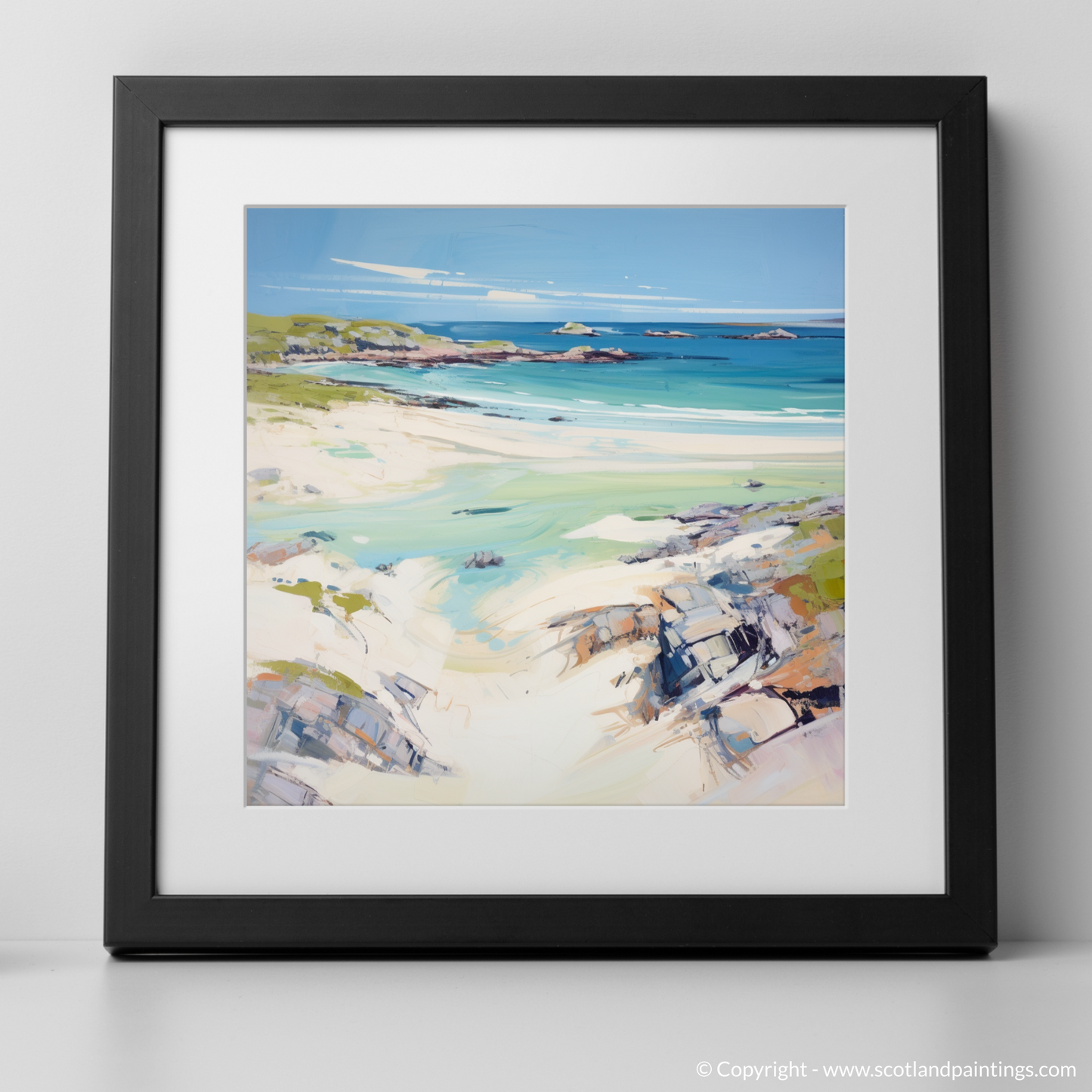 Art Print of Achmelvich Beach, Sutherland in summer with a black frame