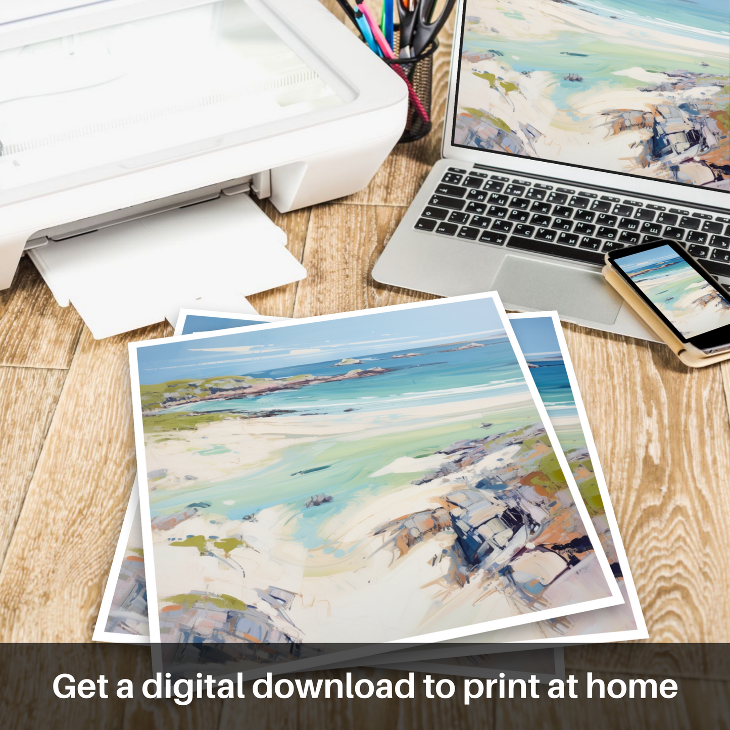 Downloadable and printable picture of Achmelvich Beach, Sutherland in summer