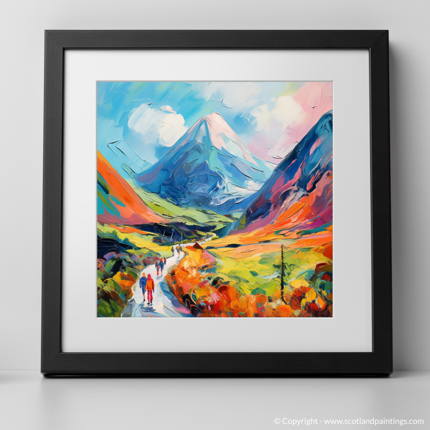 Art Print of Walkers in Glencoe during summer with a black frame