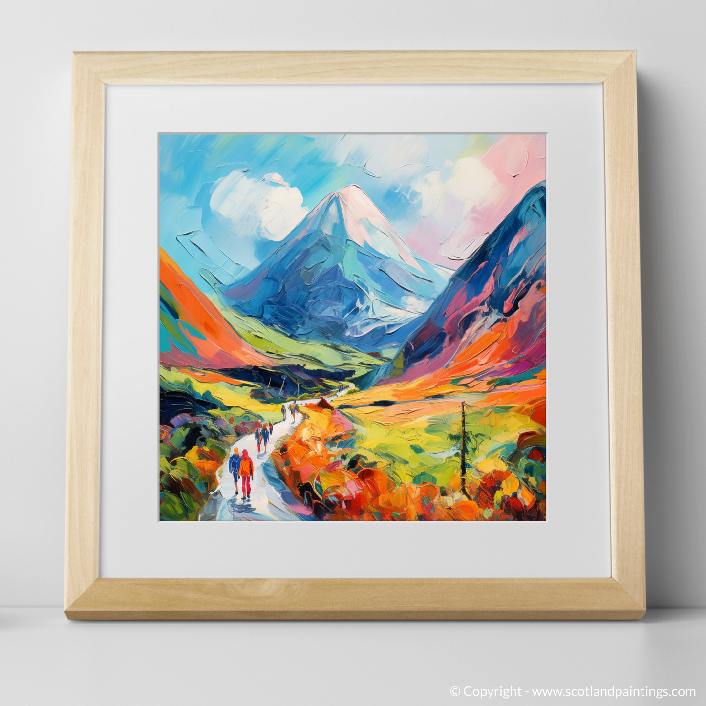 Art Print of Walkers in Glencoe during summer with a natural frame