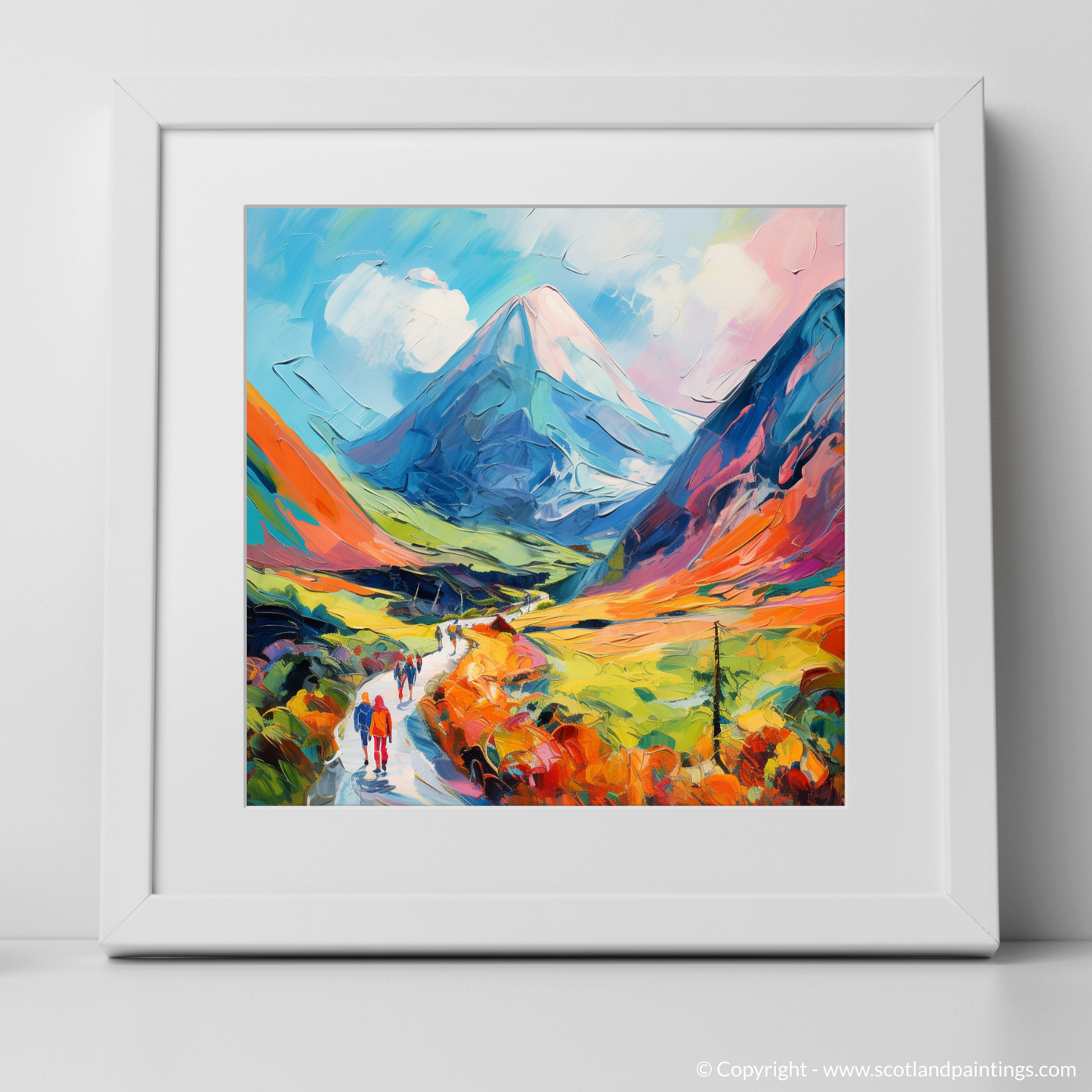 Art Print of Walkers in Glencoe during summer with a white frame