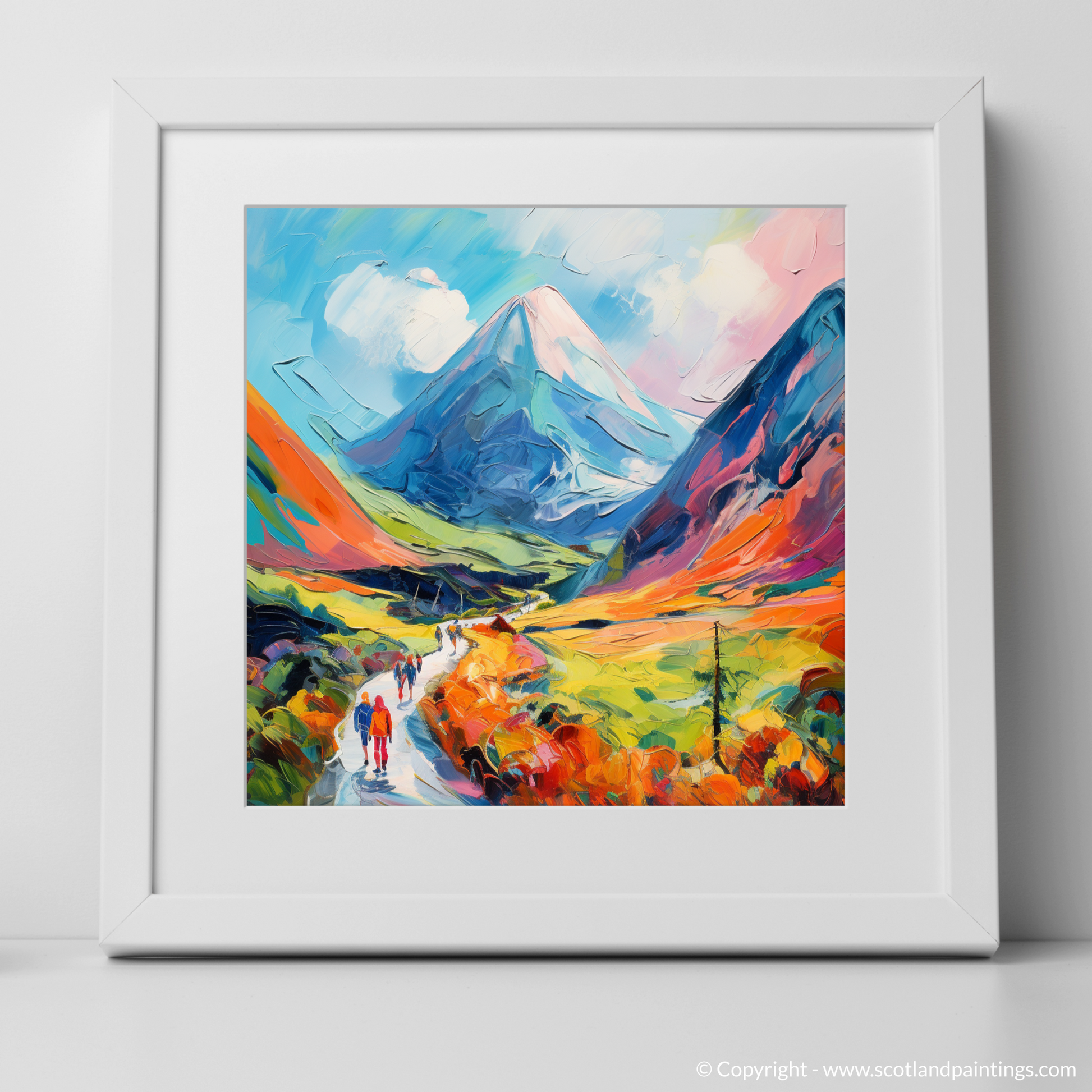 Art Print of Walkers in Glencoe during summer with a white frame