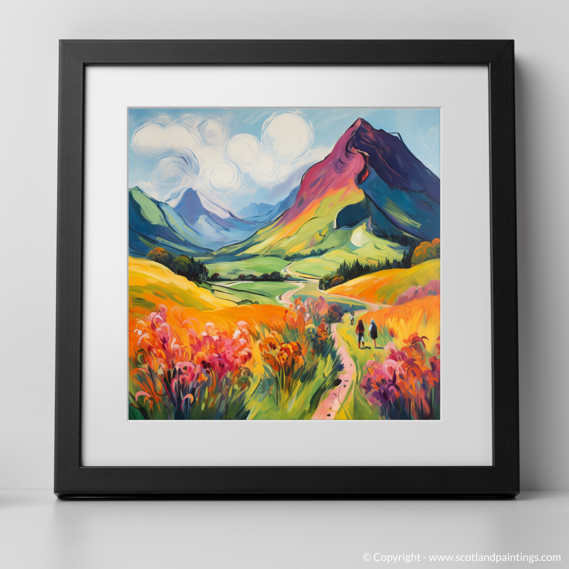 Art Print of Walkers in Glencoe during summer with a black frame