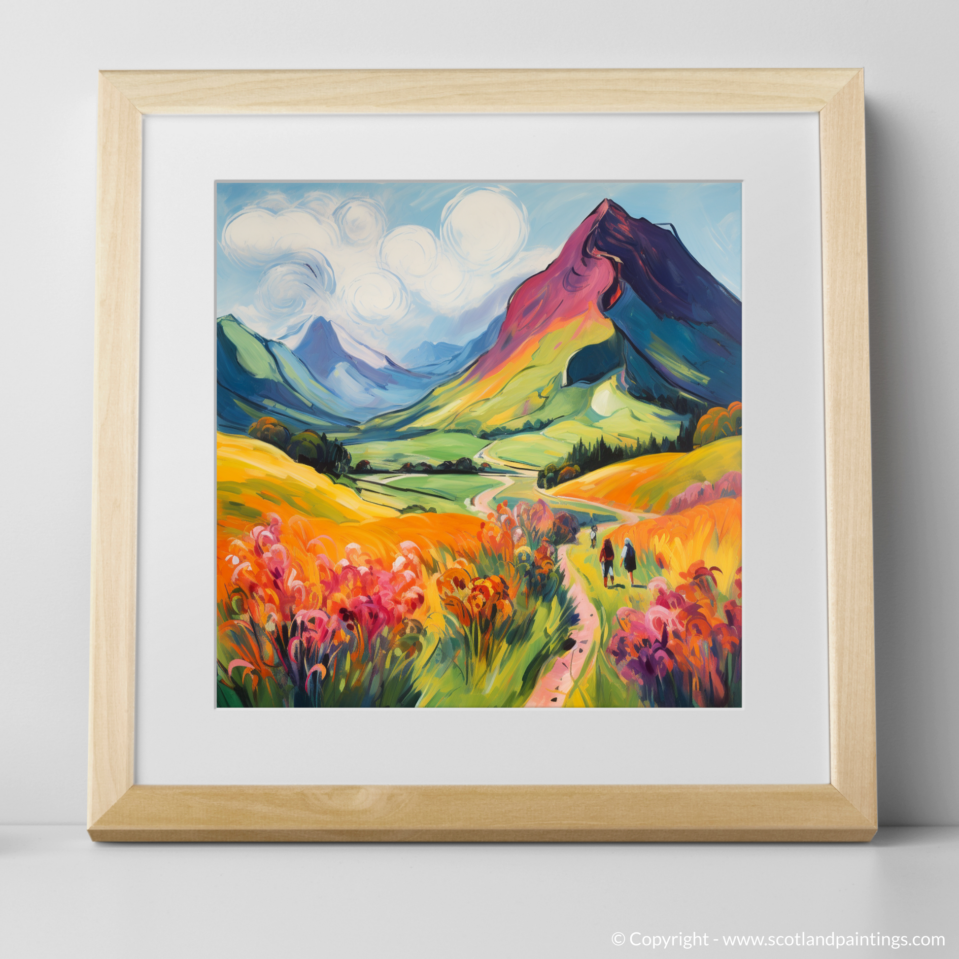 Art Print of Walkers in Glencoe during summer with a natural frame