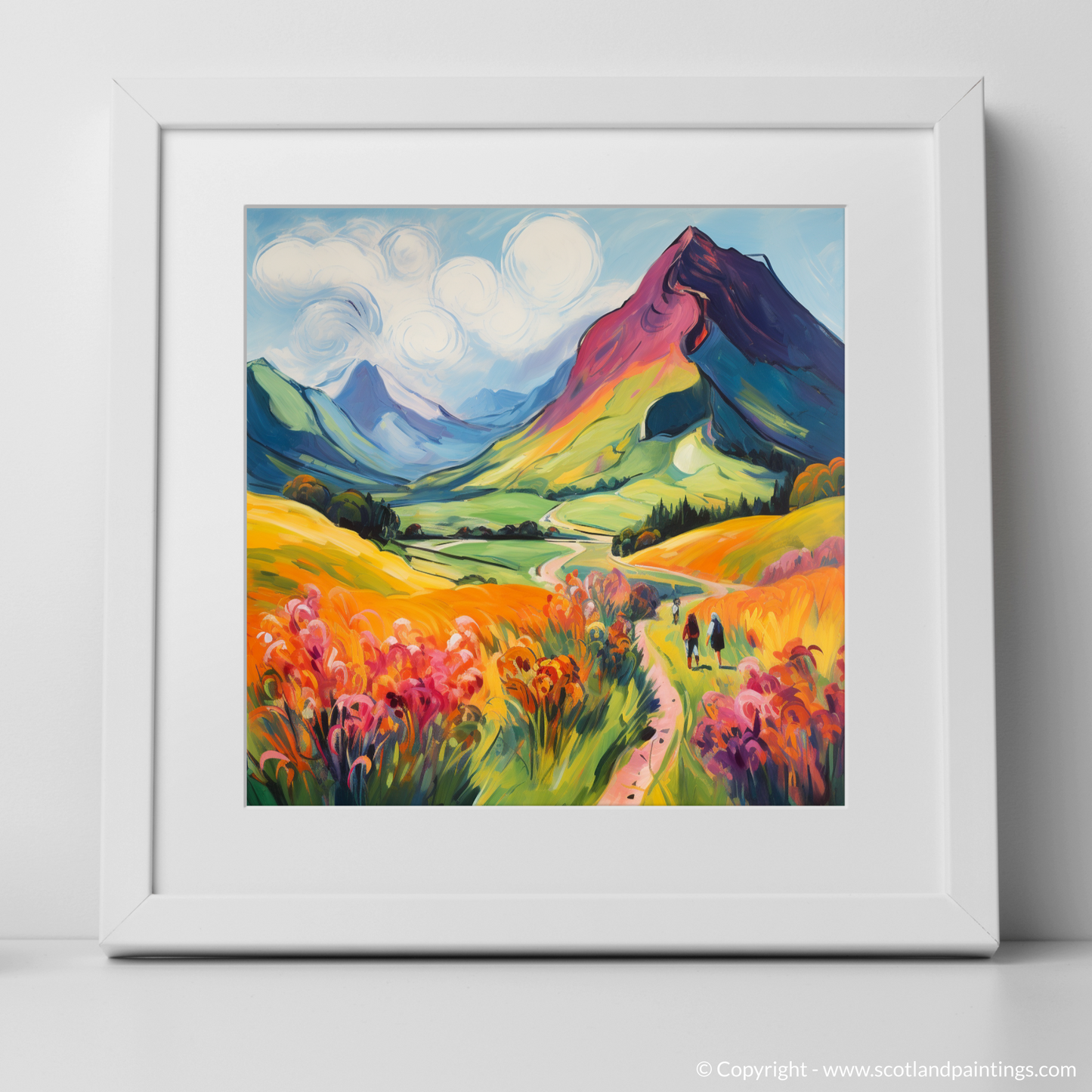 Art Print of Walkers in Glencoe during summer with a white frame