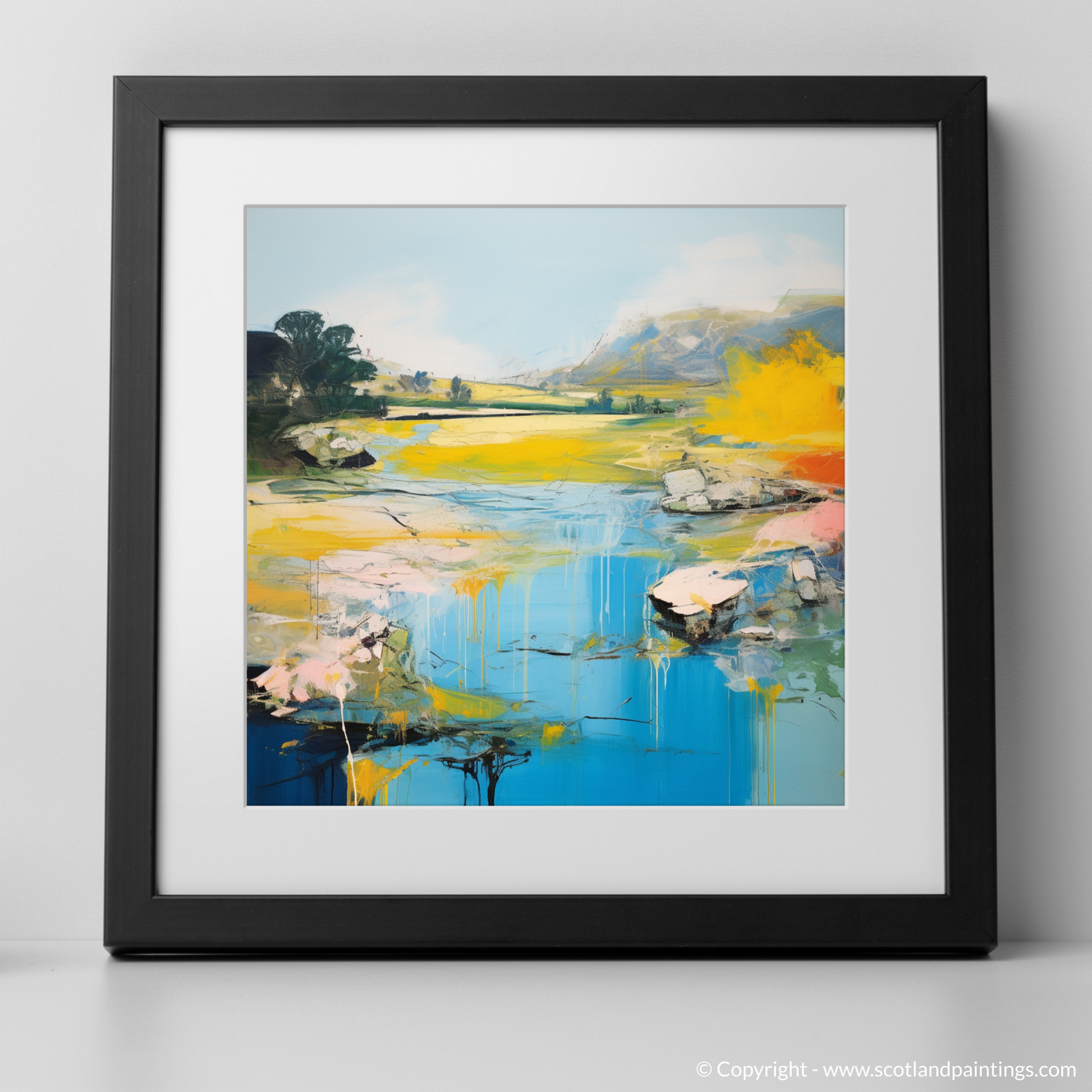 Art Print of River Almond, Edinburgh in summer with a black frame