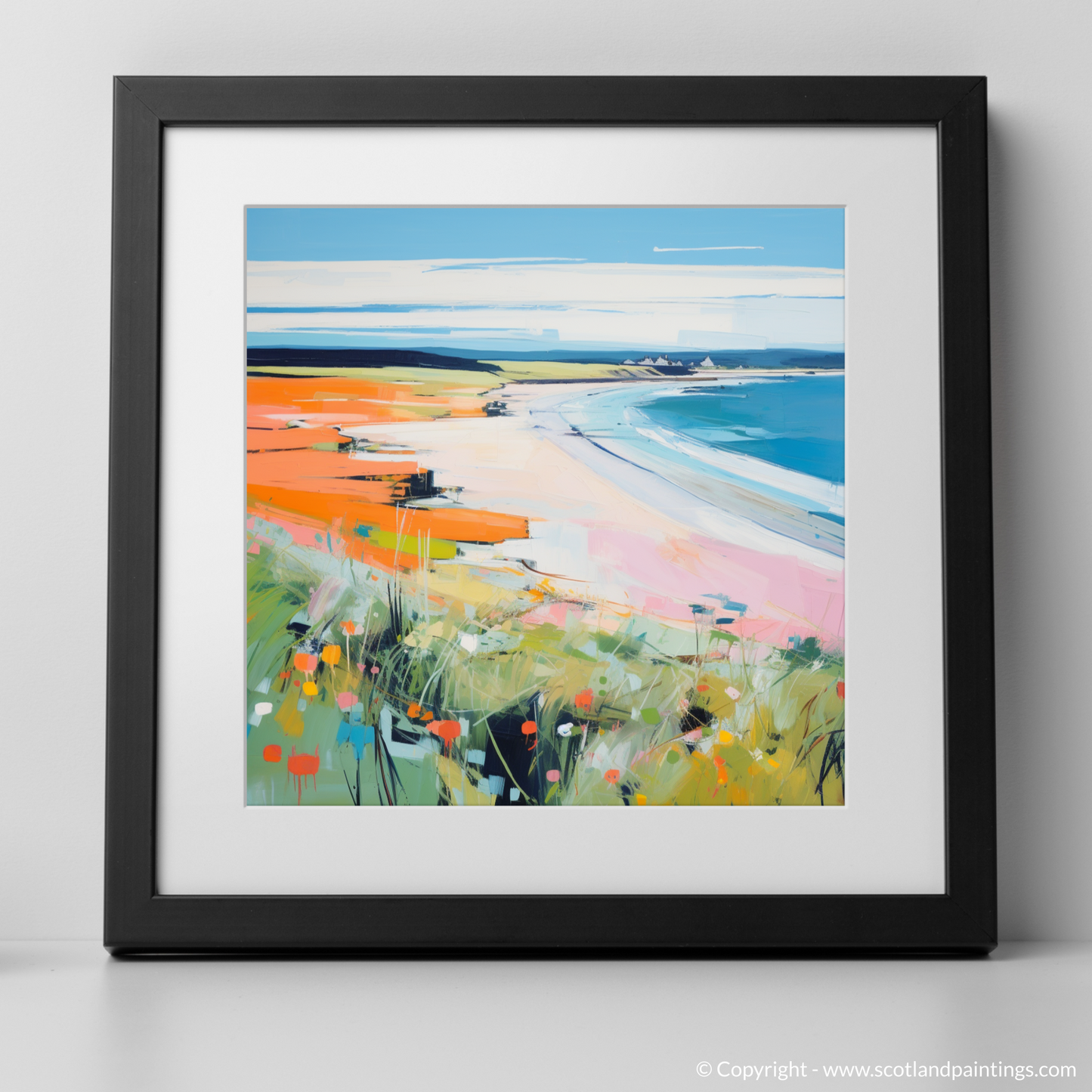 Art Print of Lunan Bay, Angus in summer with a black frame