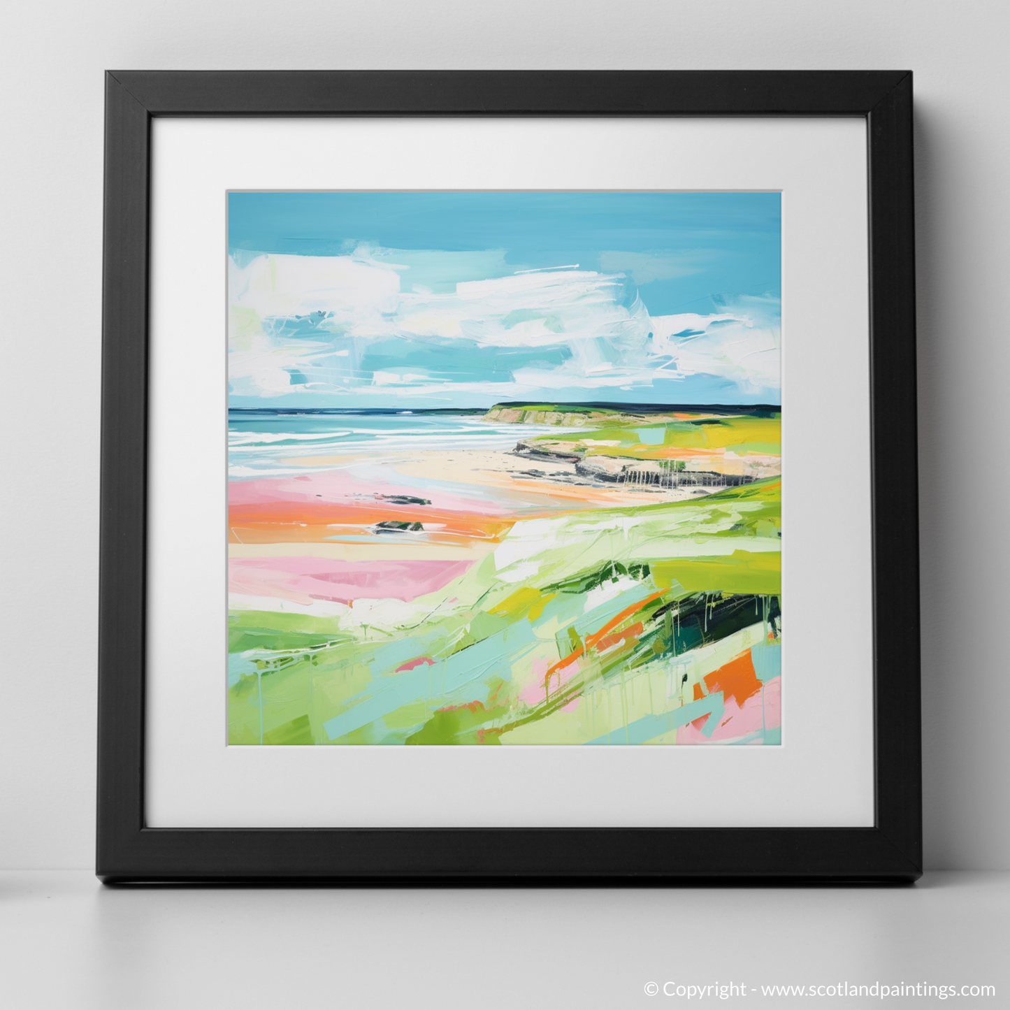 Art Print of Lunan Bay, Angus in summer with a black frame