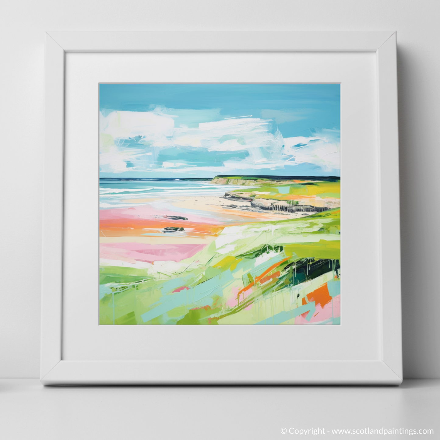 Art Print of Lunan Bay, Angus in summer with a white frame