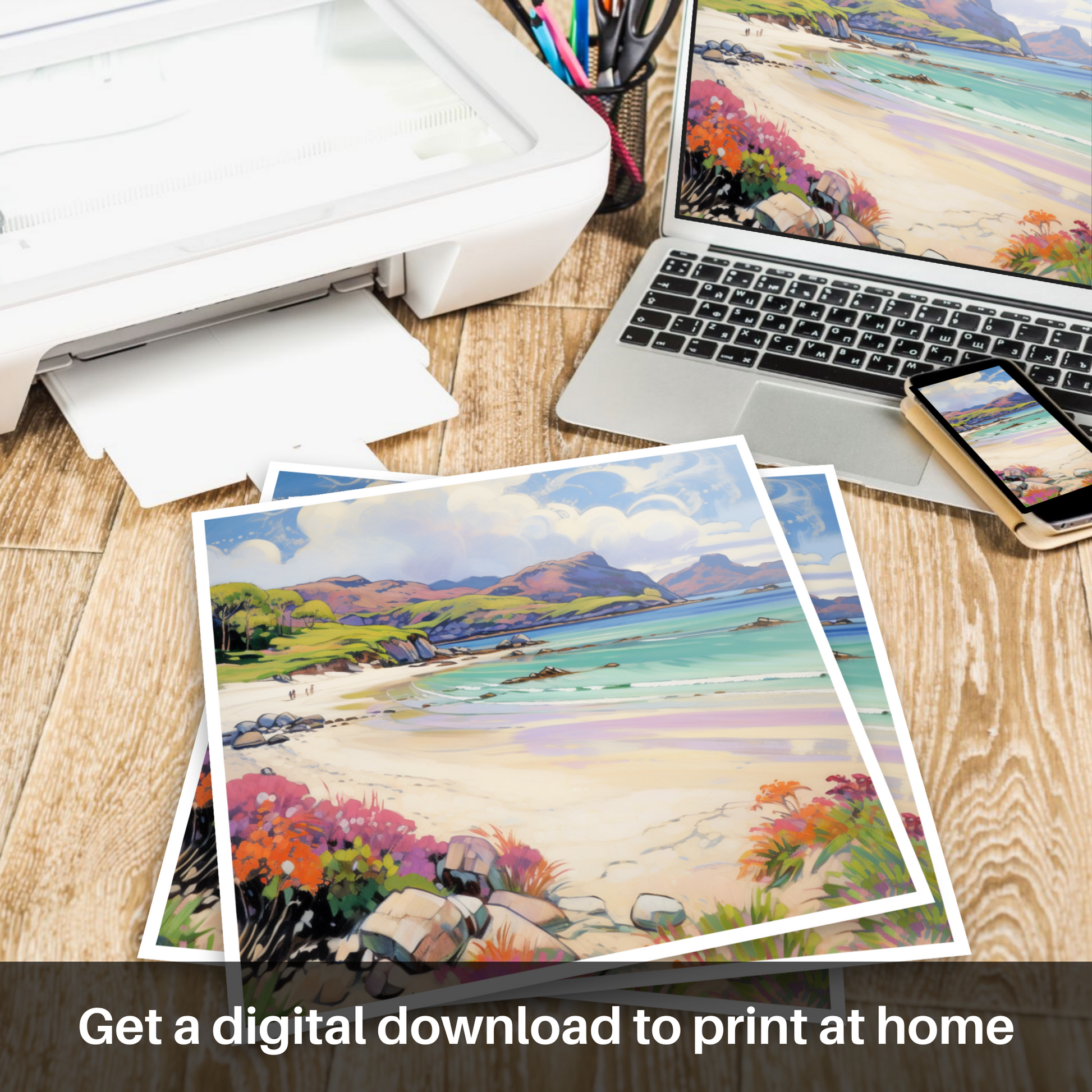 Downloadable and printable picture of Silver Sands of Morar in summer