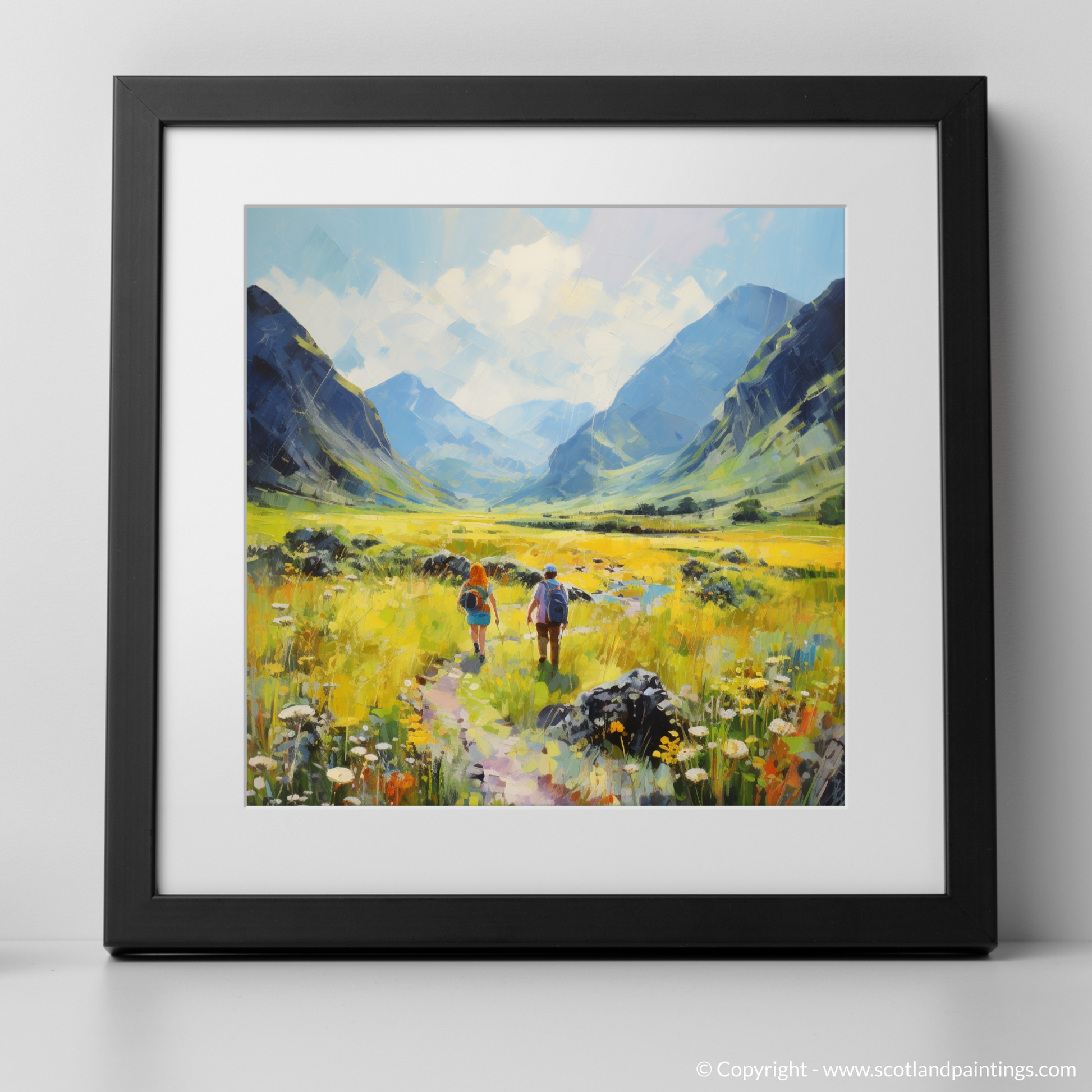 Art Print of Walkers in Glencoe during summer with a black frame