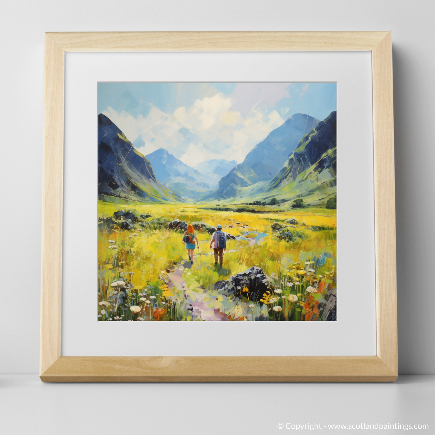 Art Print of Walkers in Glencoe during summer with a natural frame