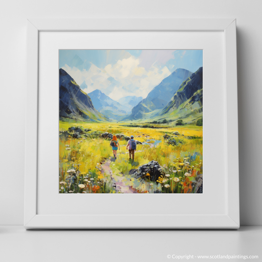 Art Print of Walkers in Glencoe during summer with a white frame