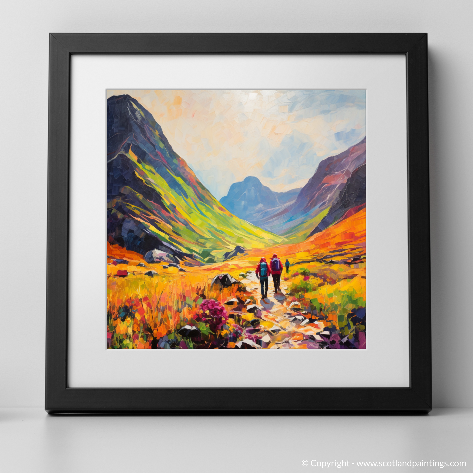 Art Print of Walkers in Glencoe during summer with a black frame