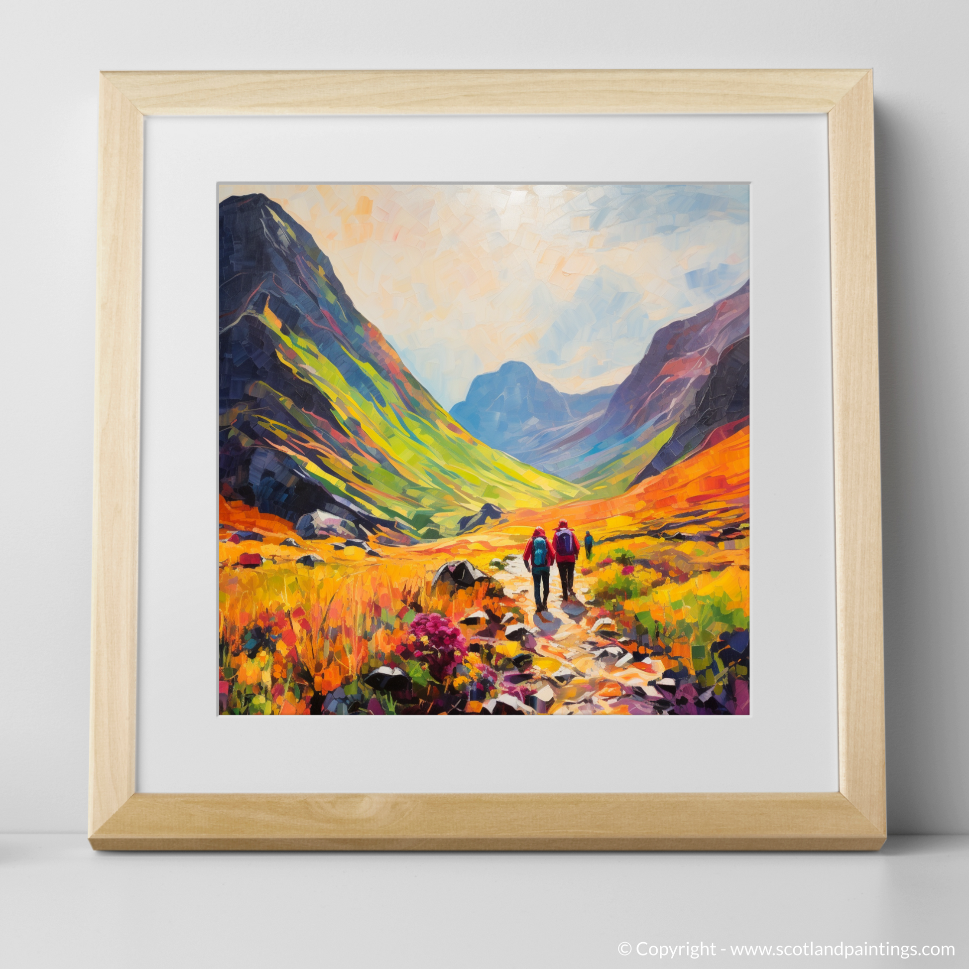 Art Print of Walkers in Glencoe during summer with a natural frame