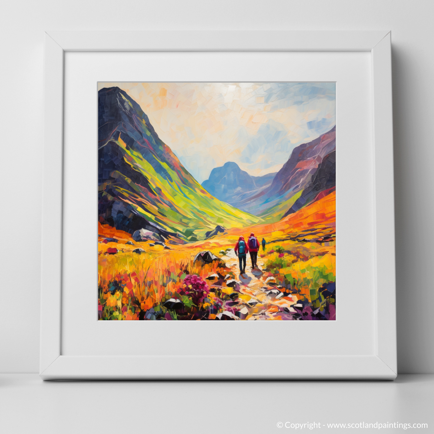 Art Print of Walkers in Glencoe during summer with a white frame