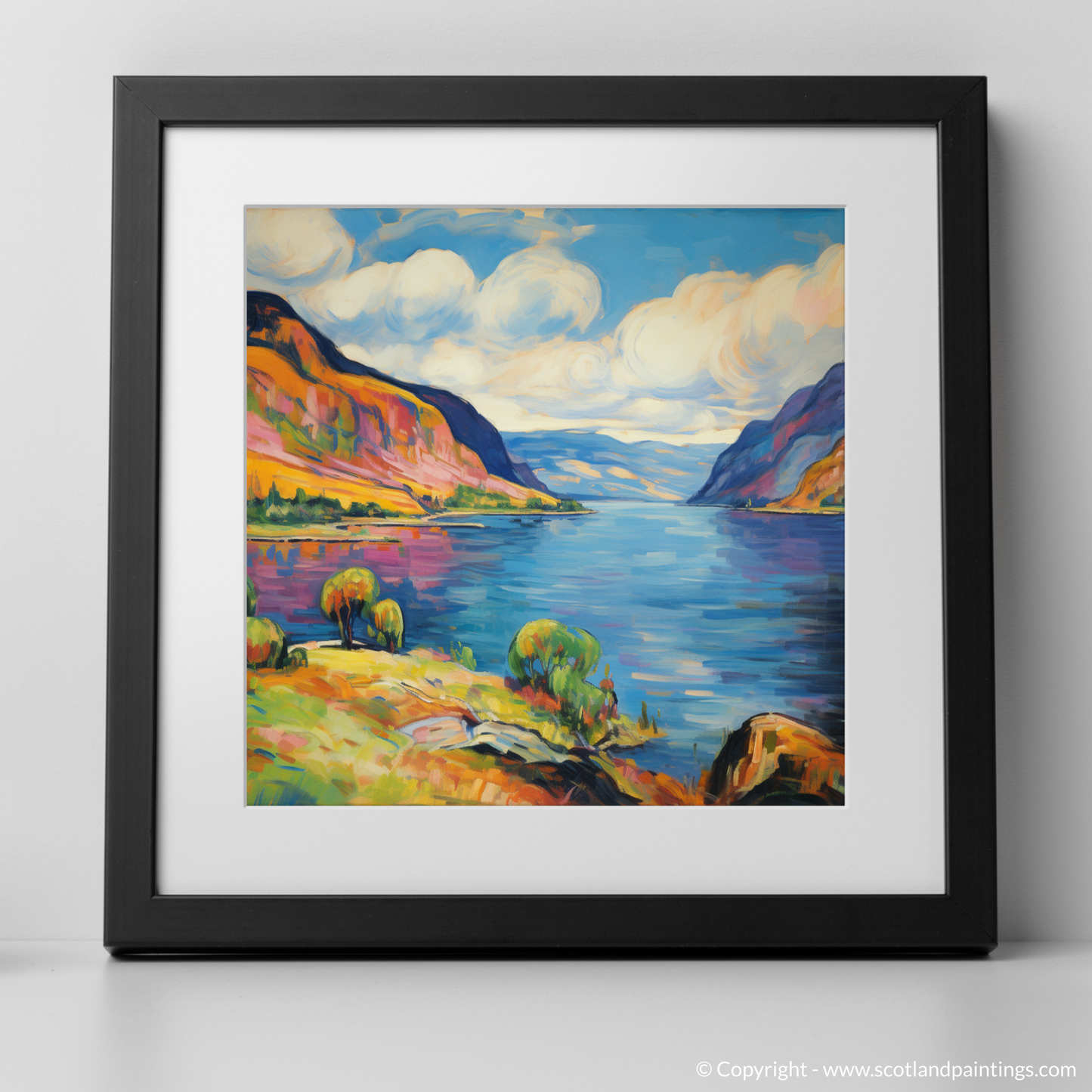 Painting and Art Print of Loch Ness, Highlands in summer. Vibrant Serenity: A Fauvist Ode to Loch Ness in Summer.