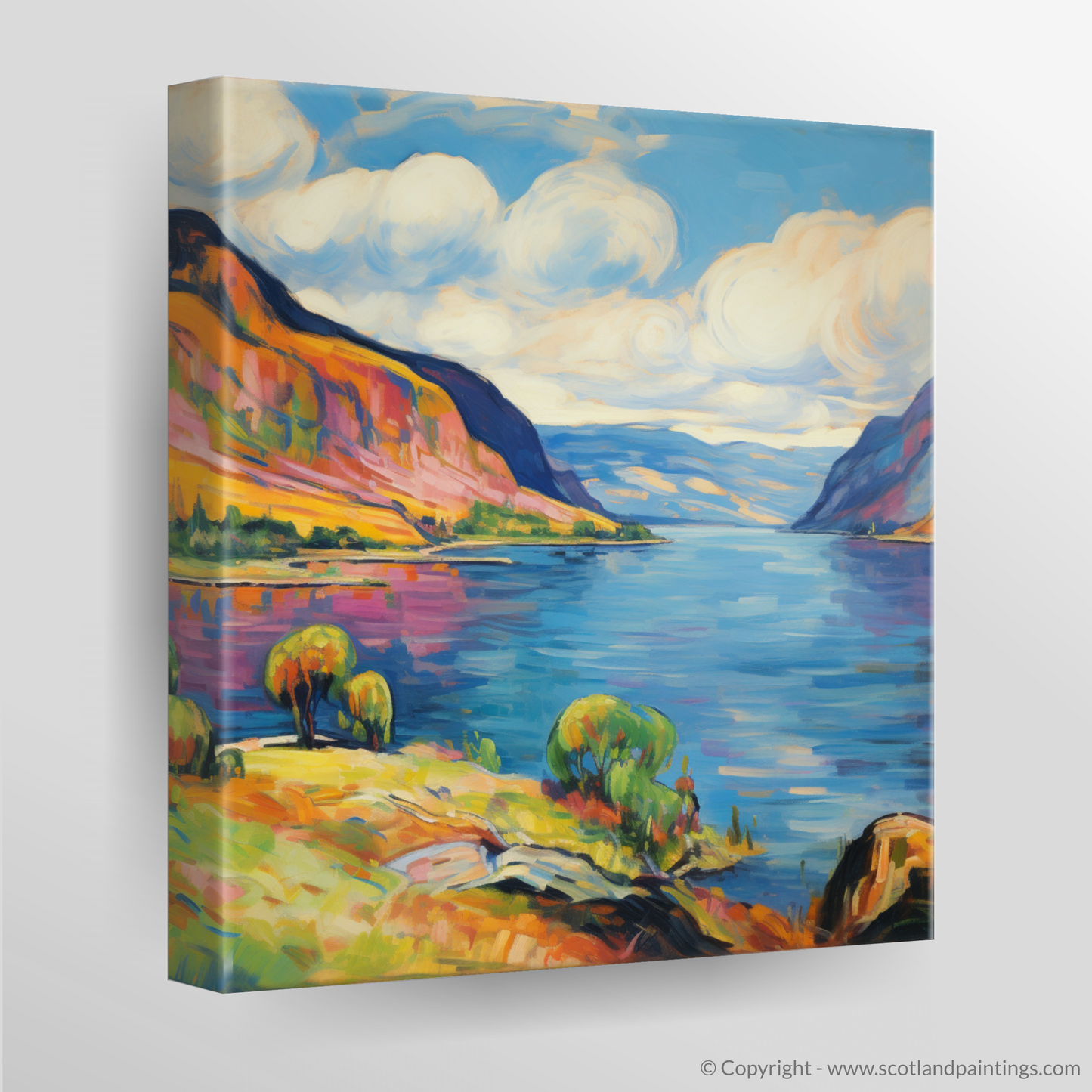 Painting and Art Print of Loch Ness, Highlands in summer. Vibrant Serenity: A Fauvist Ode to Loch Ness in Summer.