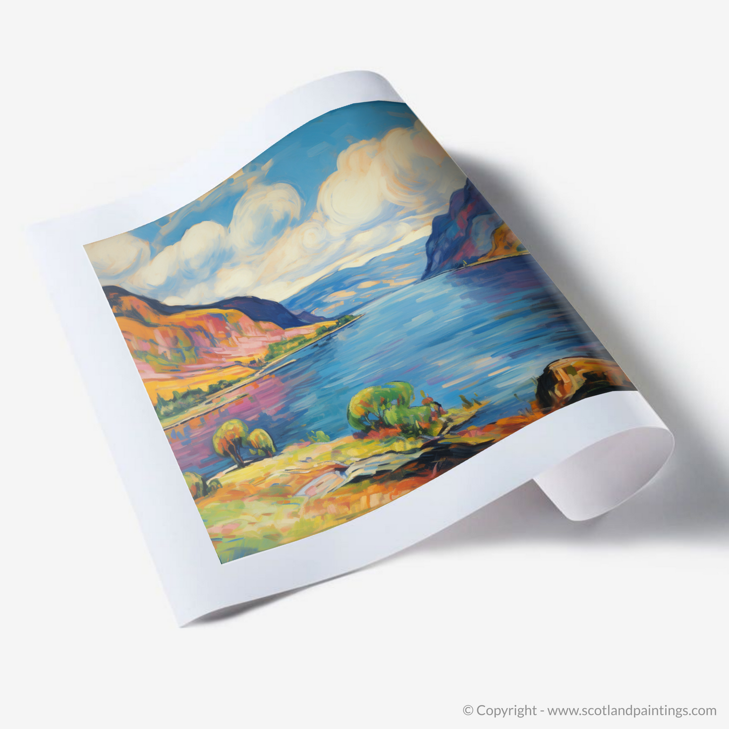 Painting and Art Print of Loch Ness, Highlands in summer. Vibrant Serenity: A Fauvist Ode to Loch Ness in Summer.