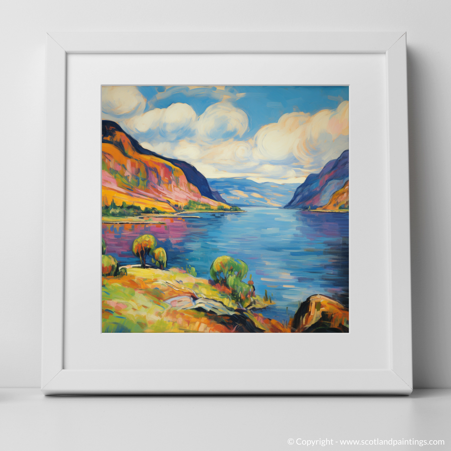 Painting and Art Print of Loch Ness, Highlands in summer. Vibrant Serenity: A Fauvist Ode to Loch Ness in Summer.