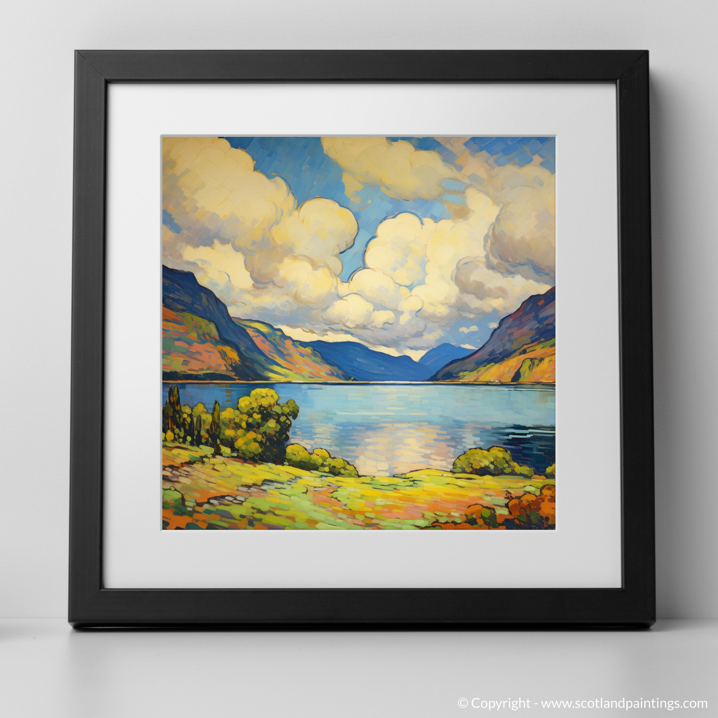 Painting and Art Print of Loch Ness, Highlands in summer. Vibrant Highland Summer: A Fauvist Rendition of Loch Ness.