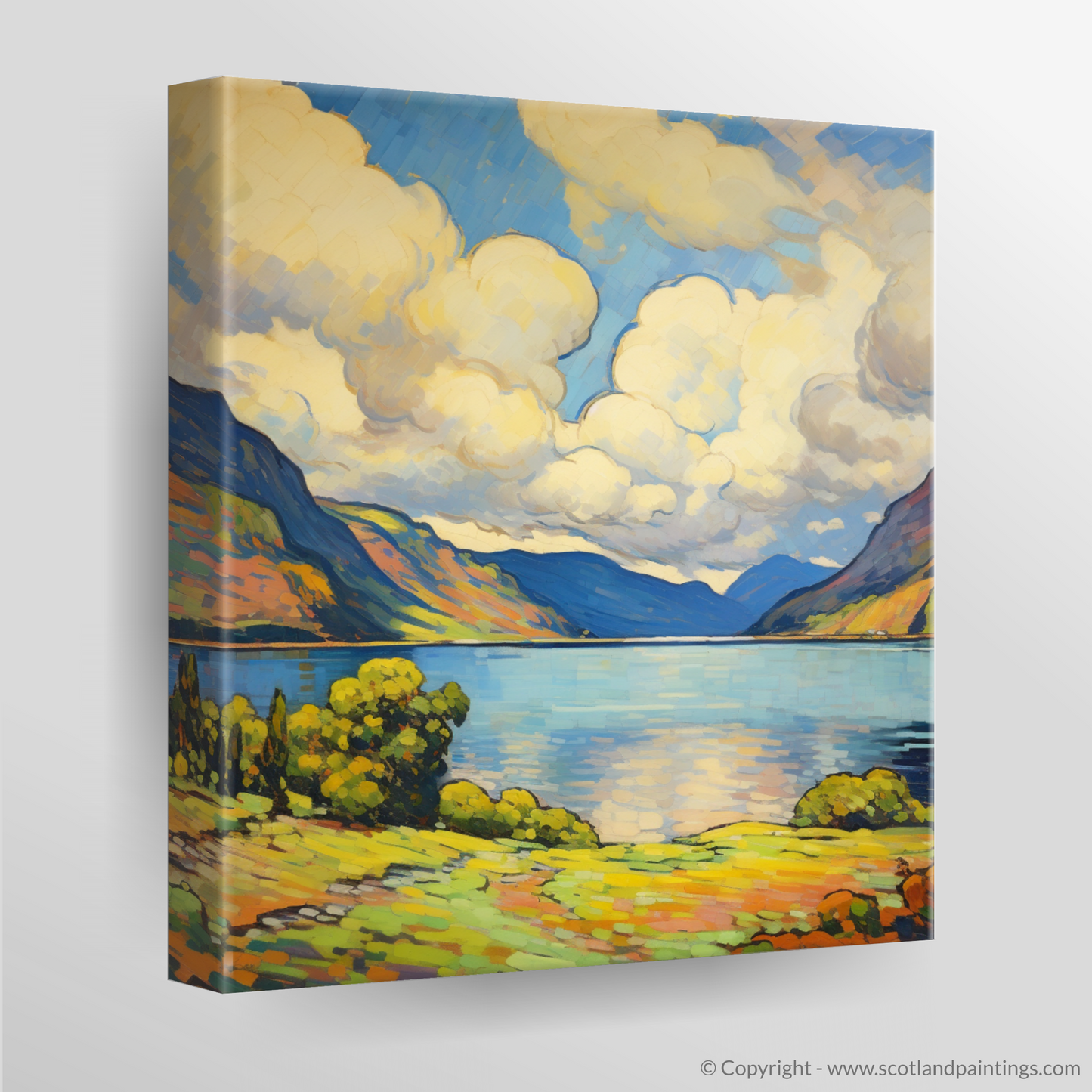 Painting and Art Print of Loch Ness, Highlands in summer. Vibrant Highland Summer: A Fauvist Rendition of Loch Ness.