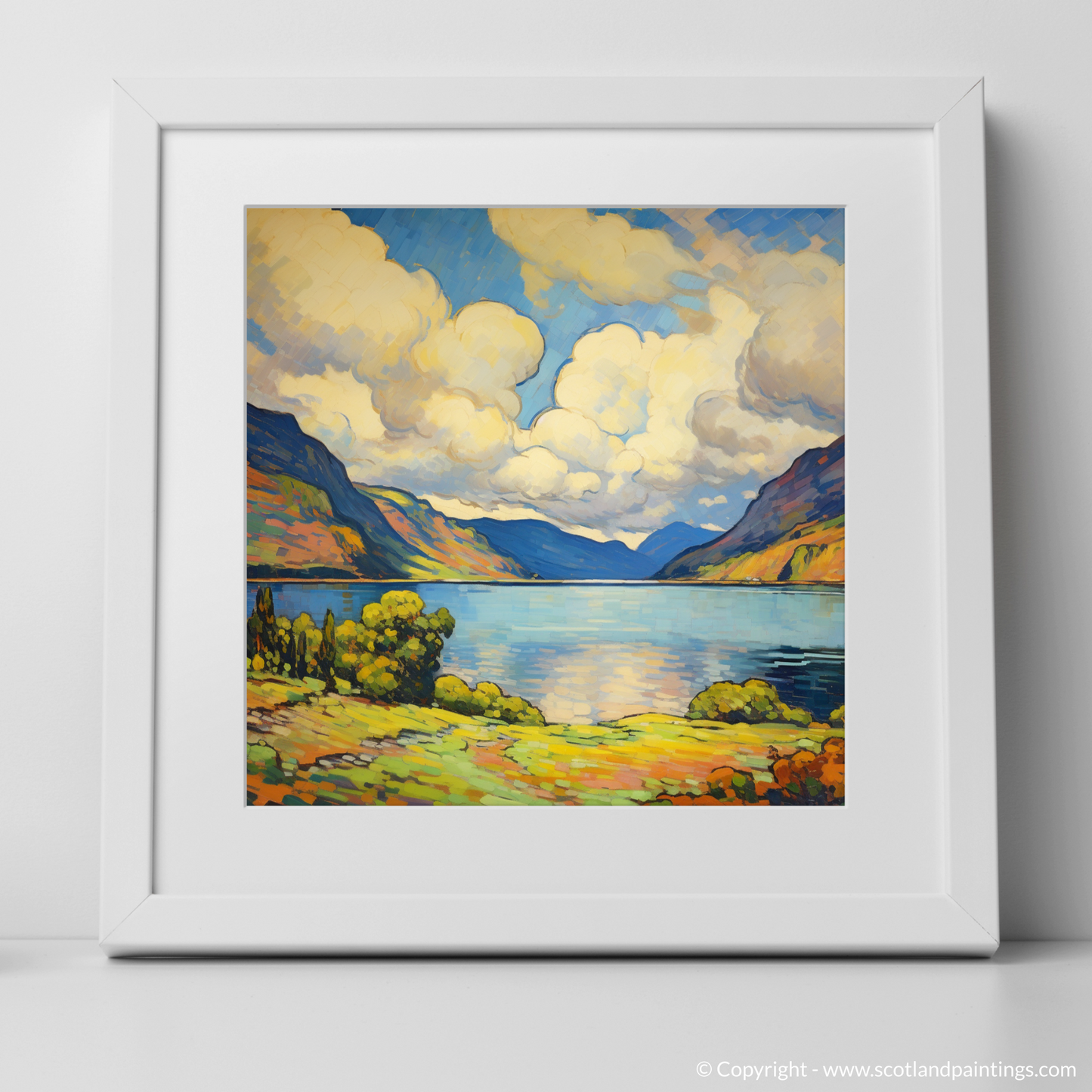 Painting and Art Print of Loch Ness, Highlands in summer. Vibrant Highland Summer: A Fauvist Rendition of Loch Ness.