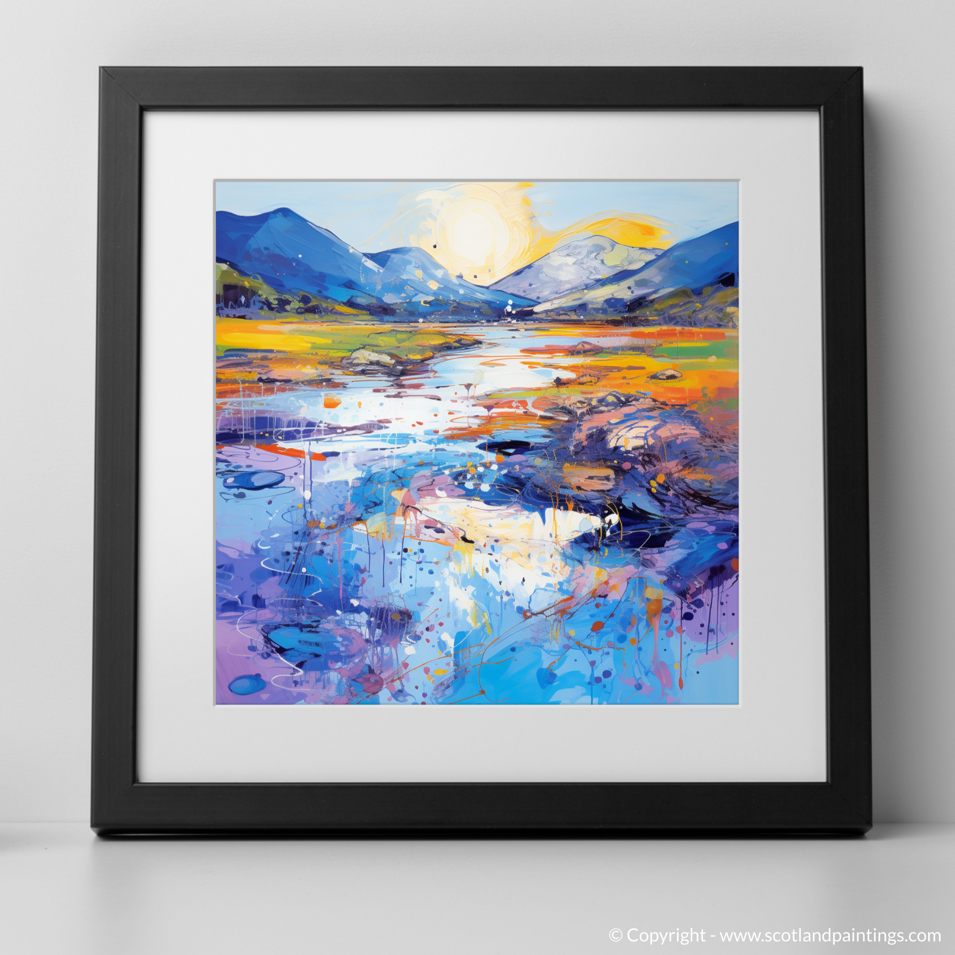 Art Print of River Etive, Argyll and Bute in summer with a black frame