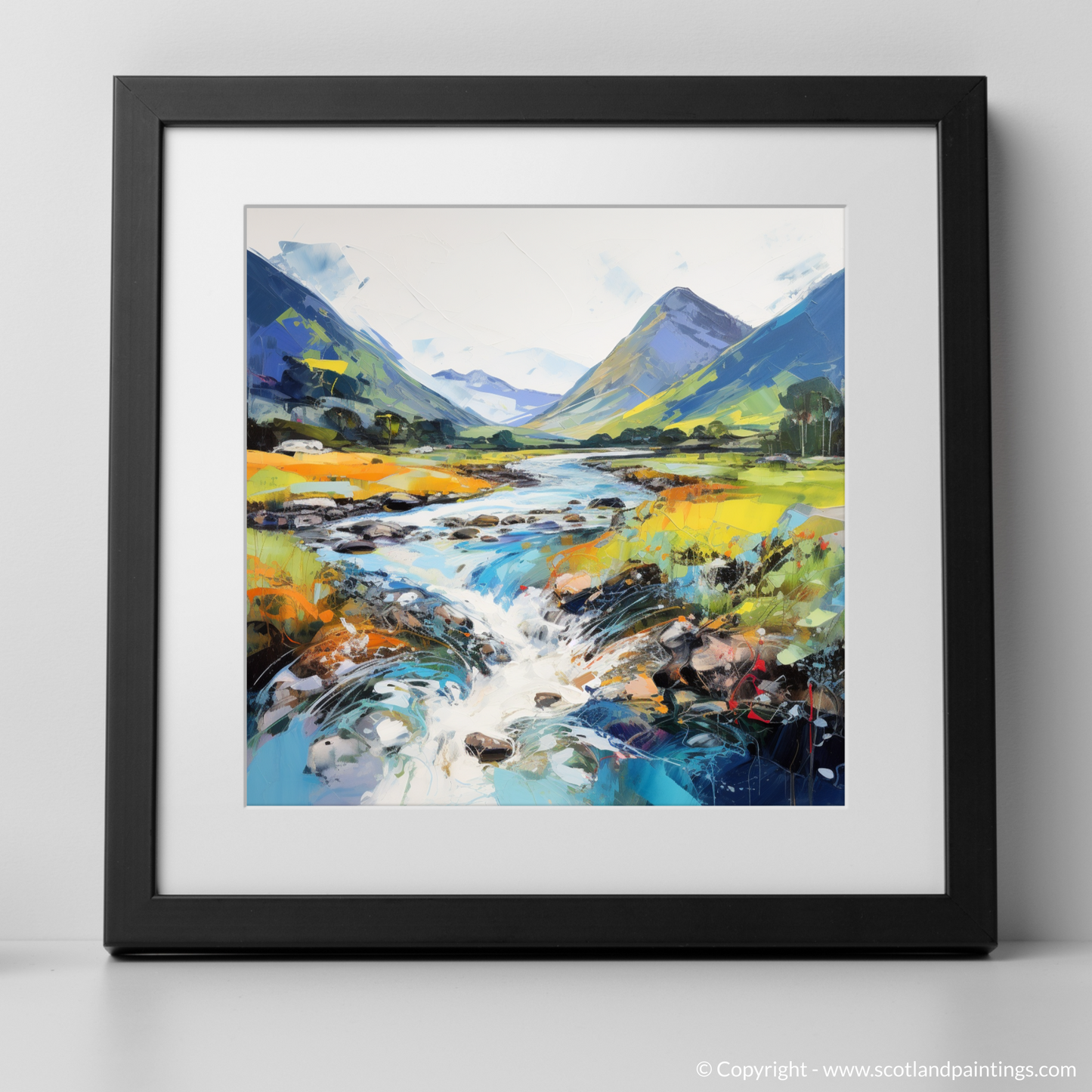 Art Print of River Etive, Argyll and Bute in summer with a black frame