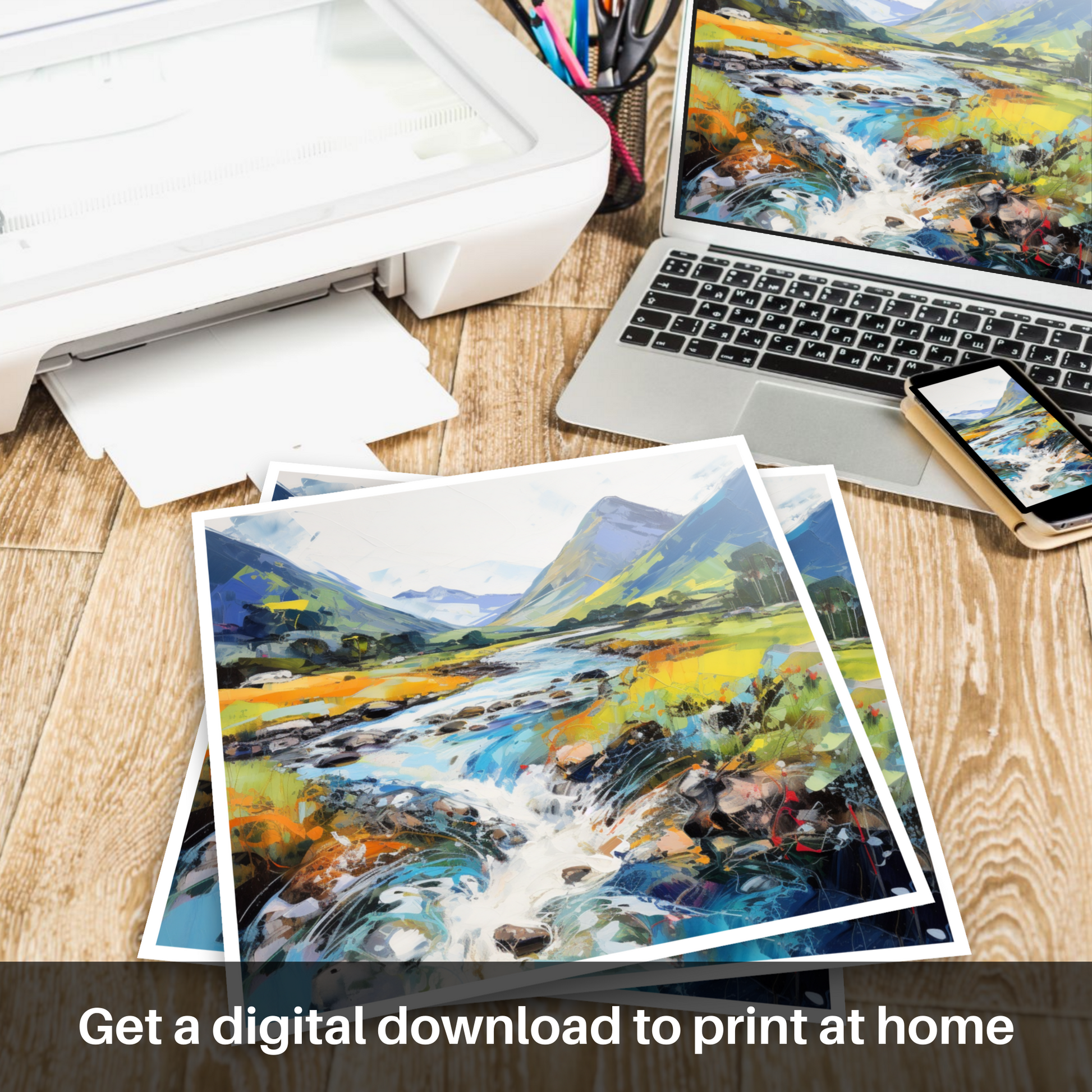 Downloadable and printable picture of River Etive, Argyll and Bute in summer