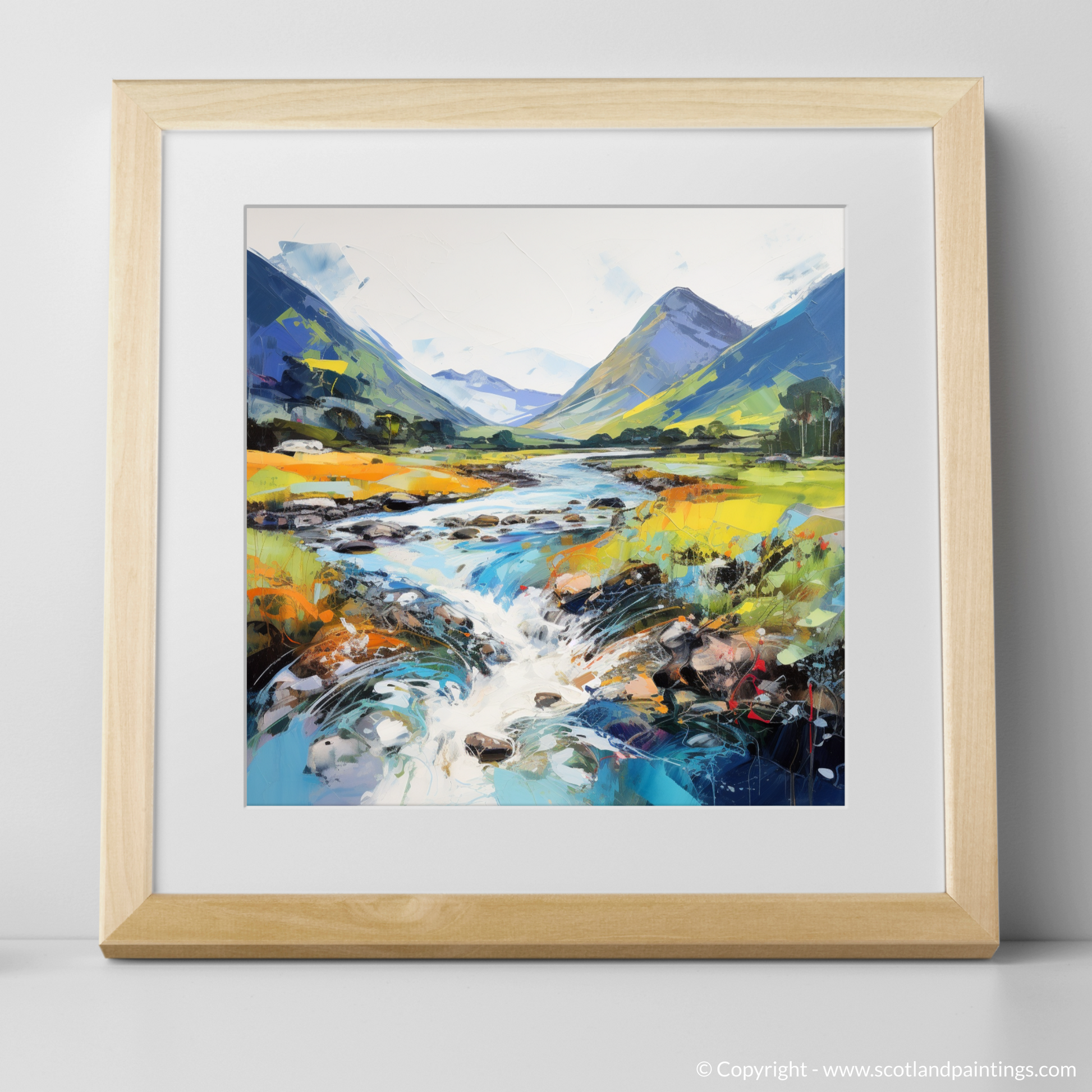 Art Print of River Etive, Argyll and Bute in summer with a natural frame