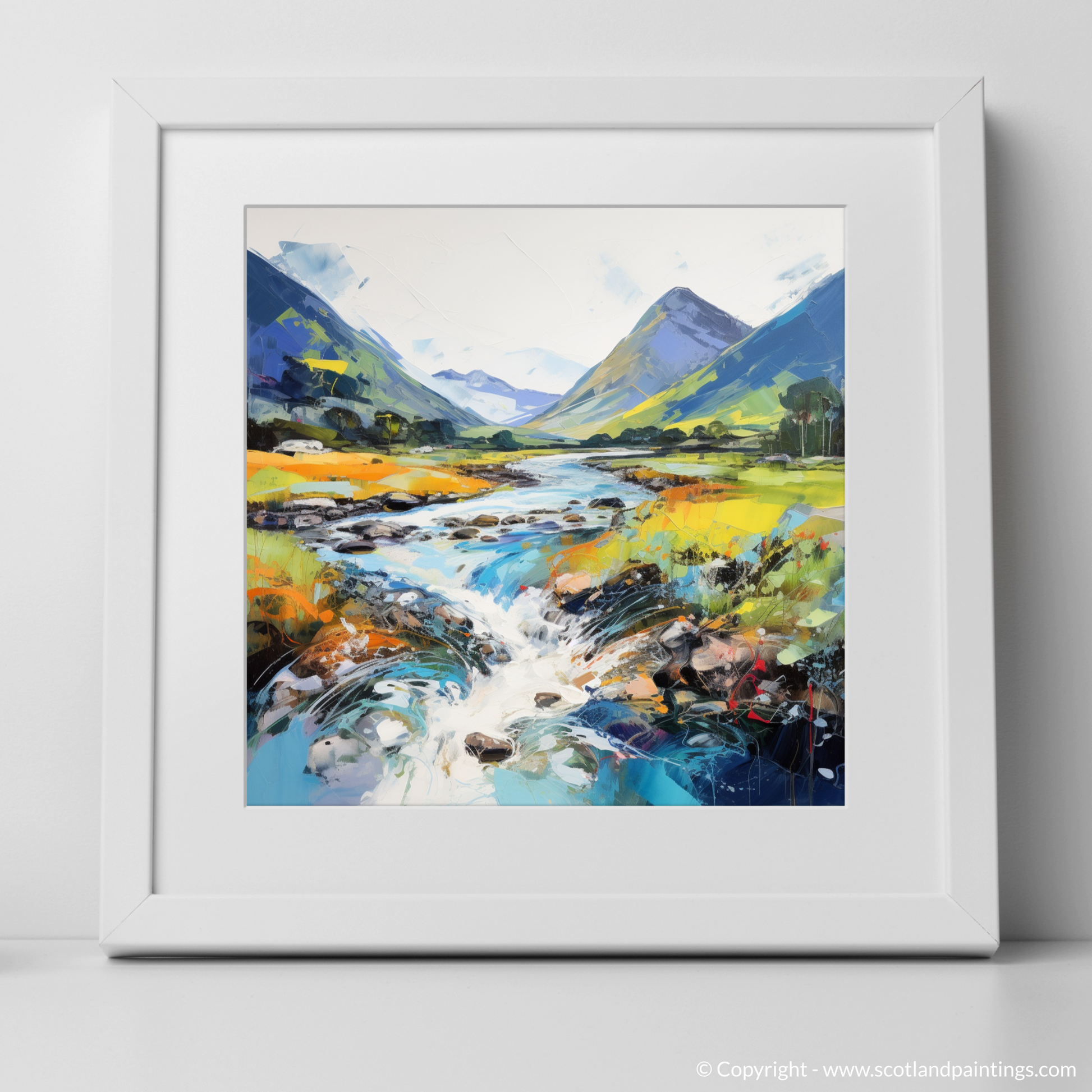 Art Print of River Etive, Argyll and Bute in summer with a white frame