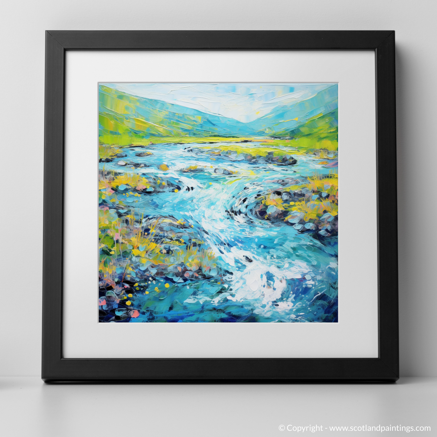 Art Print of River Etive, Argyll and Bute in summer with a black frame