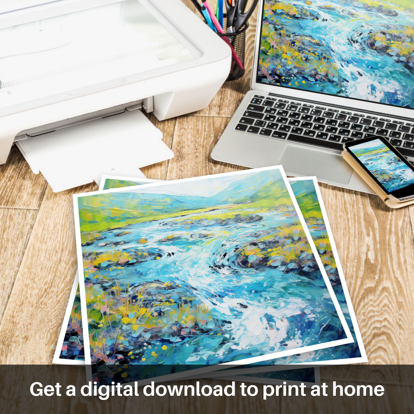 Downloadable and printable picture of River Etive, Argyll and Bute in summer
