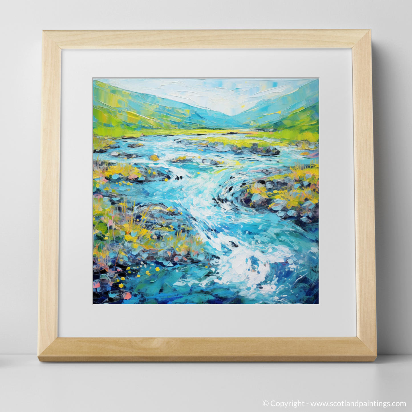 Art Print of River Etive, Argyll and Bute in summer with a natural frame