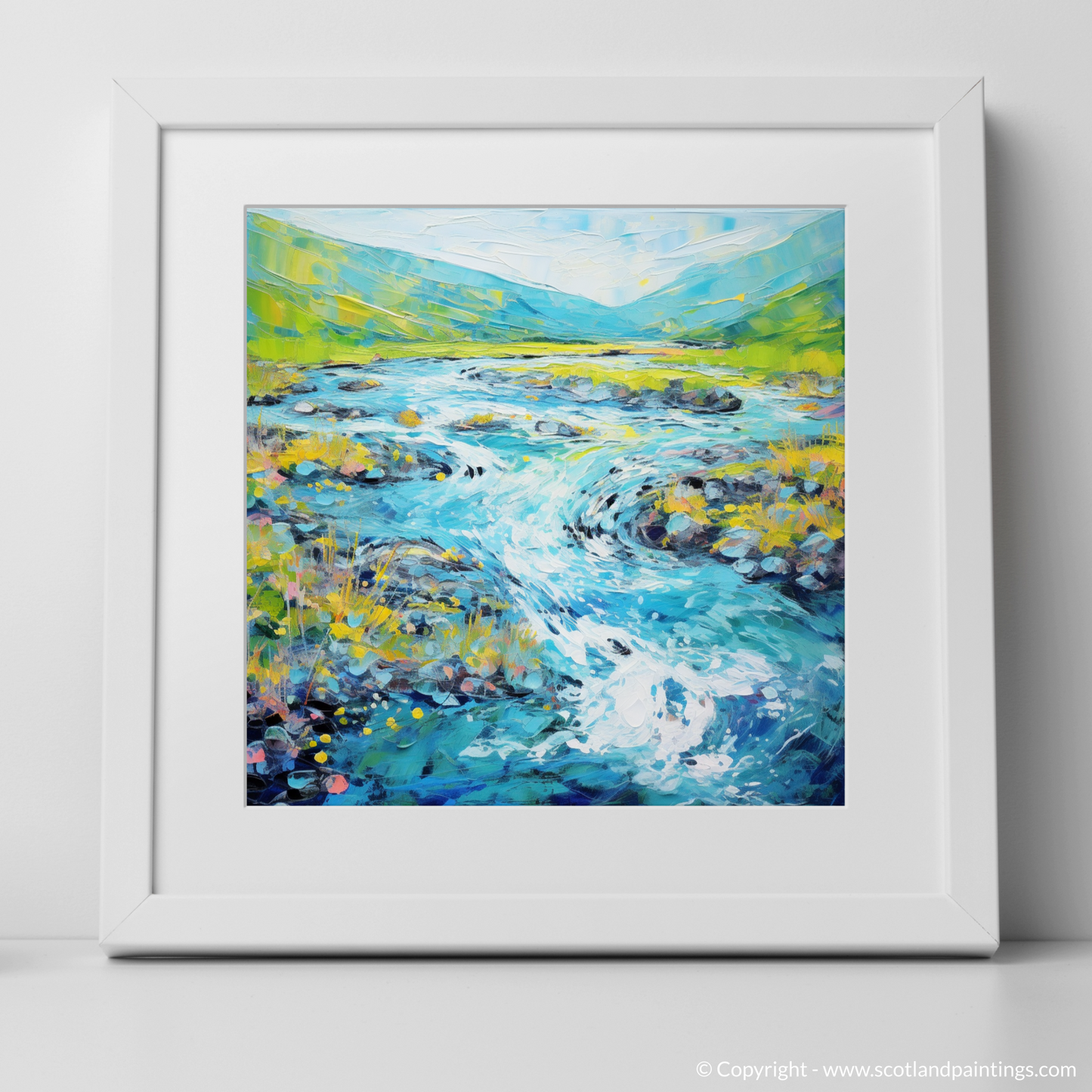 Art Print of River Etive, Argyll and Bute in summer with a white frame