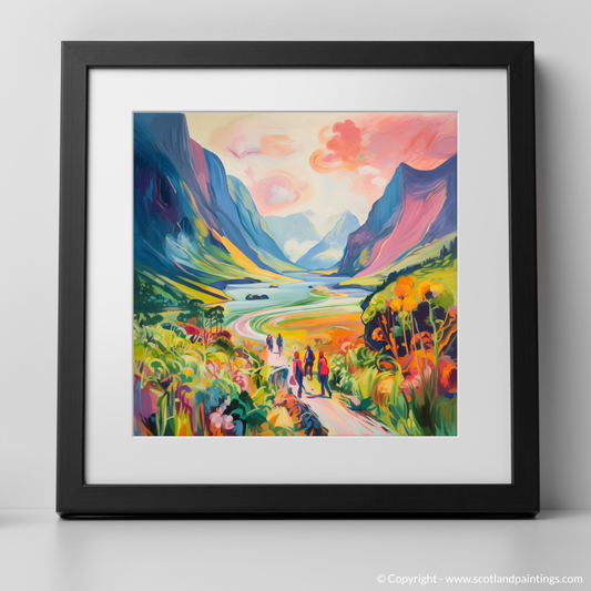 Painting and Art Print of Hikers in Glencoe during summer. Summer Hike in Vibrant Glencoe.