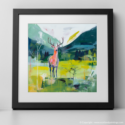 Art Print of A stag in Glencoe during summer with a black frame