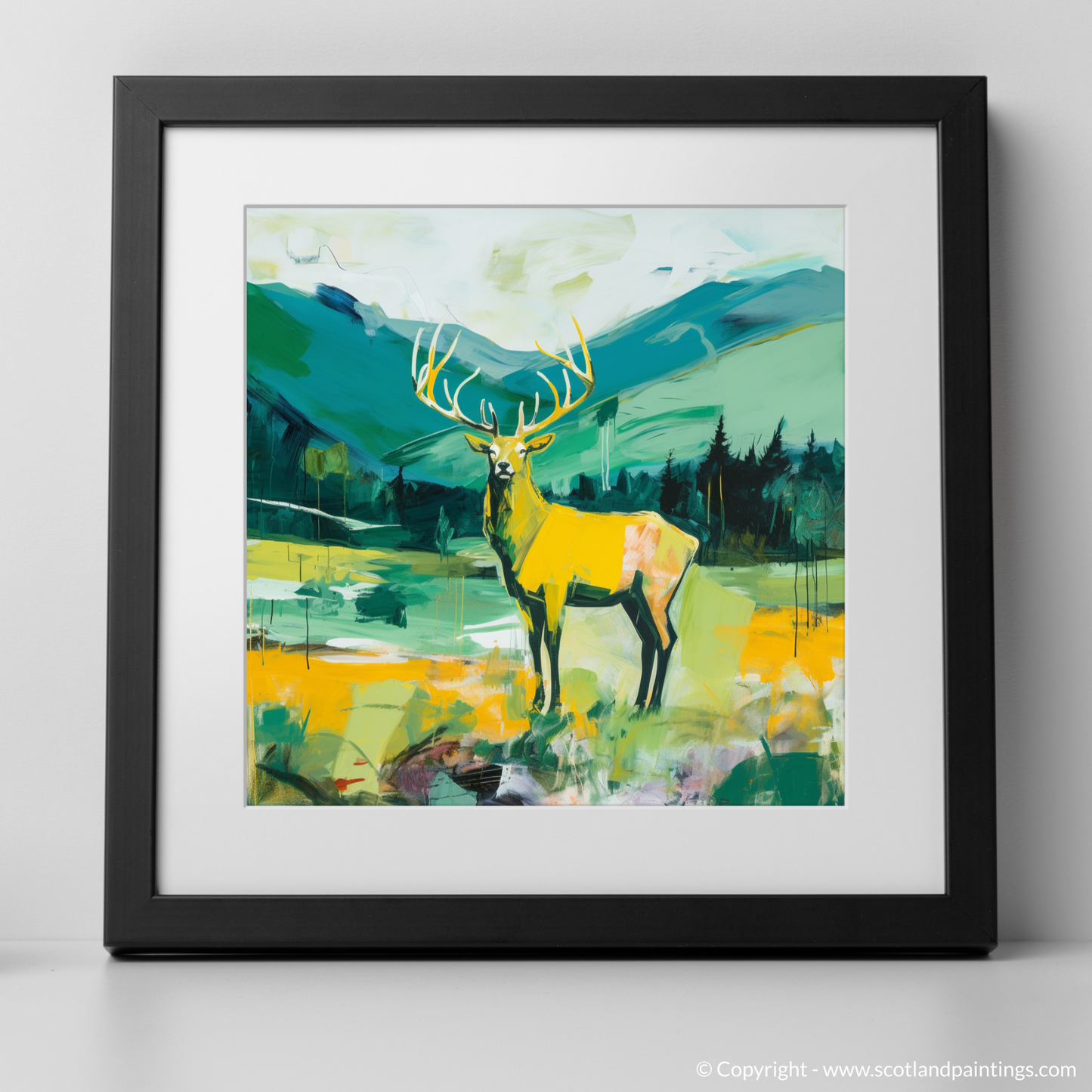 Painting and Art Print of A stag in Glencoe during summer. Majestic Stag of Glencoe: A Modern Scottish Summer Symphony.