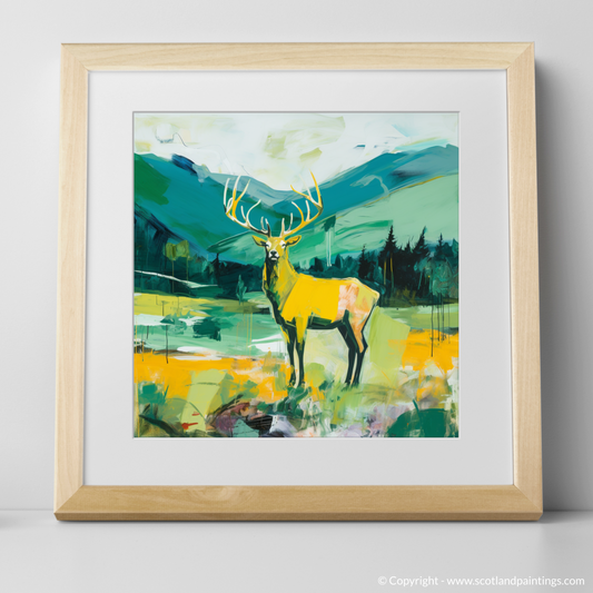 Painting and Art Print of A stag in Glencoe during summer. Majestic Stag of Glencoe: A Modern Scottish Summer Symphony.