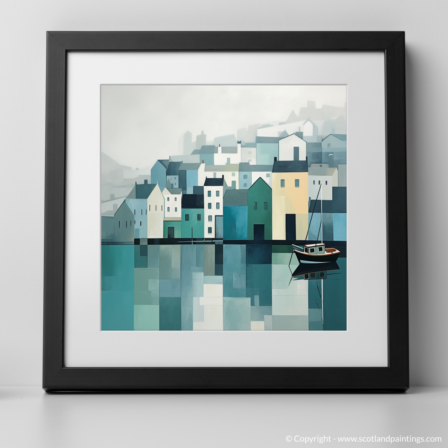 Portree Harbour's Tranquil Reflections in Minimalist Style