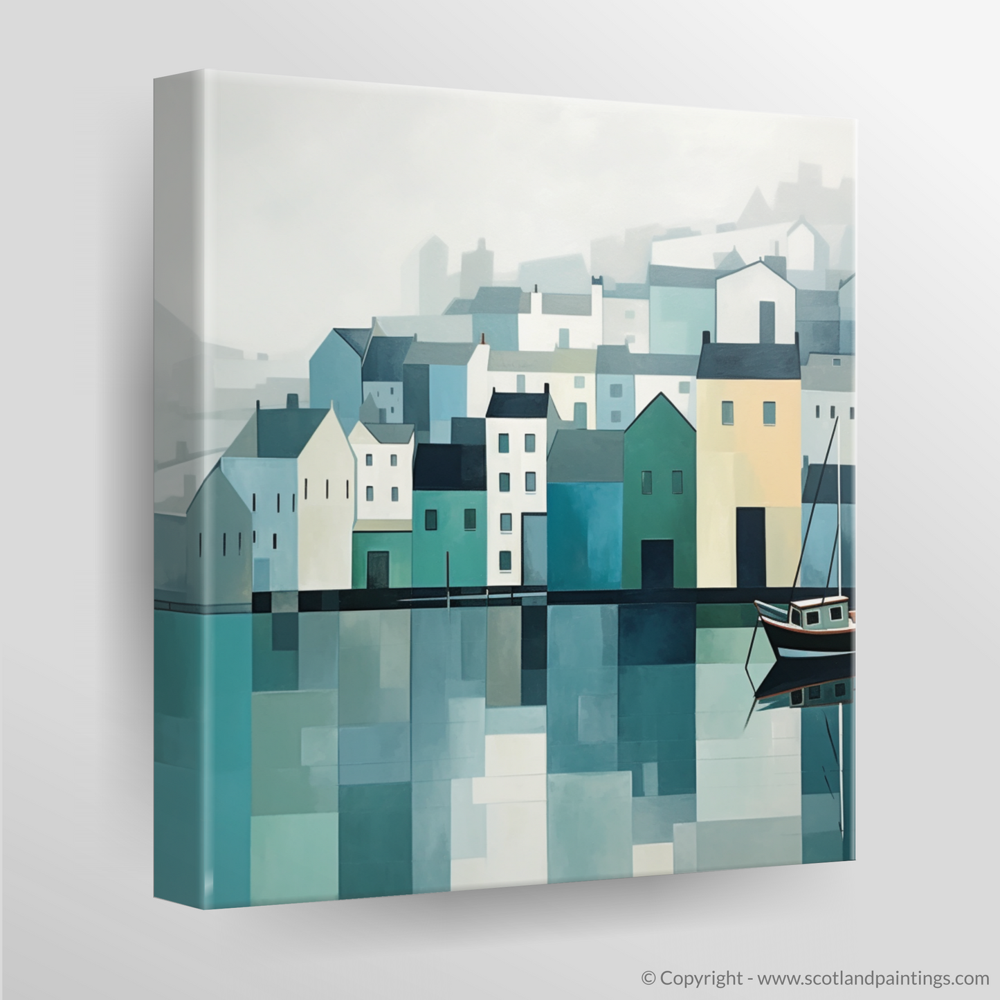 Portree Harbour's Tranquil Reflections in Minimalist Style