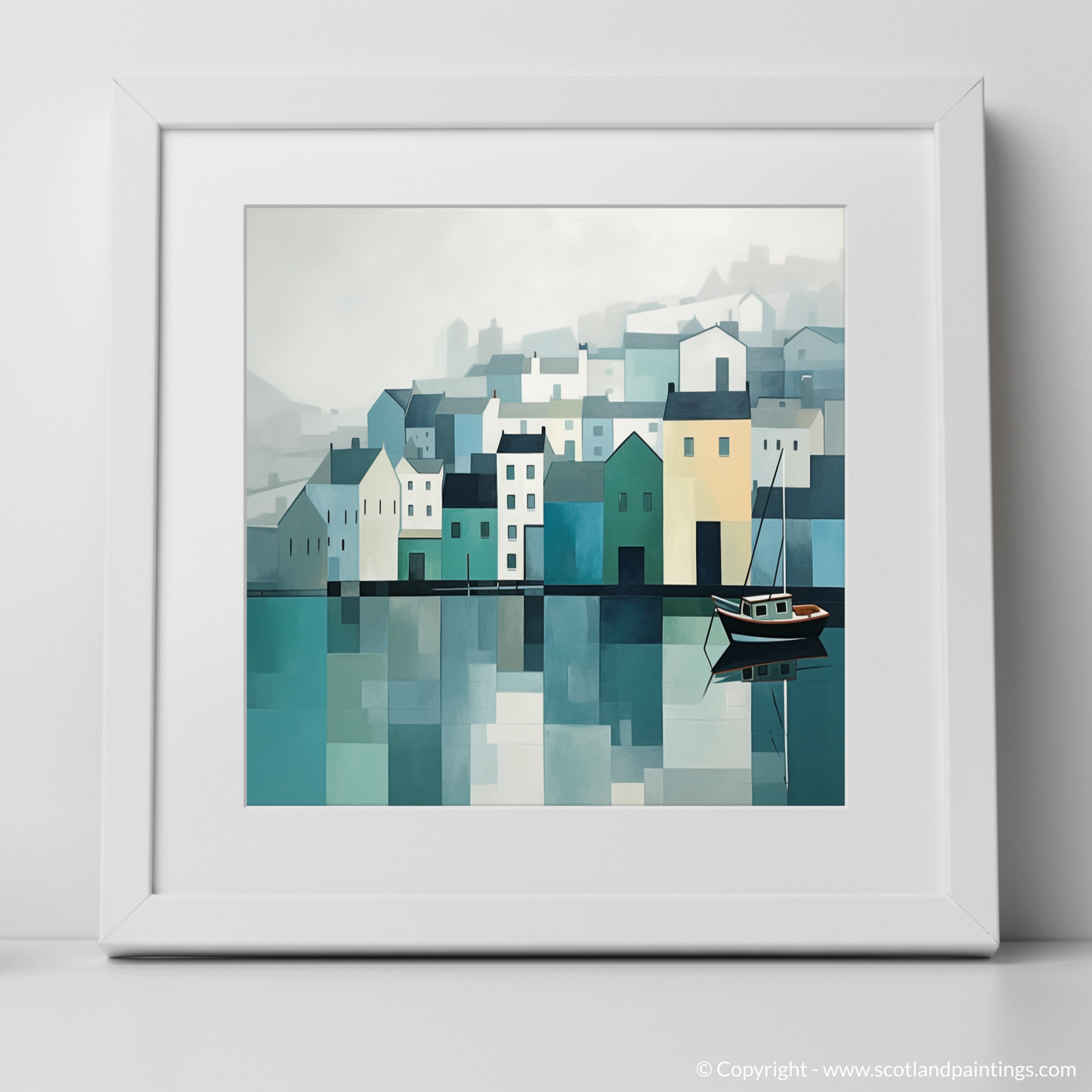 Portree Harbour's Tranquil Reflections in Minimalist Style