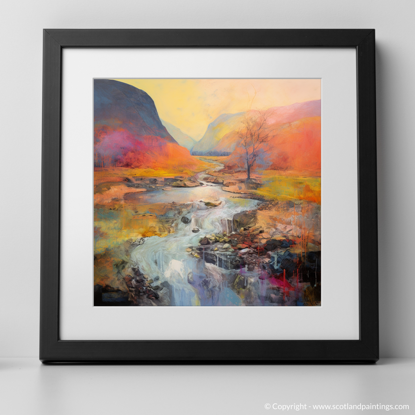 Art Print of Walker crossing River Coe in Glencoe with a black frame