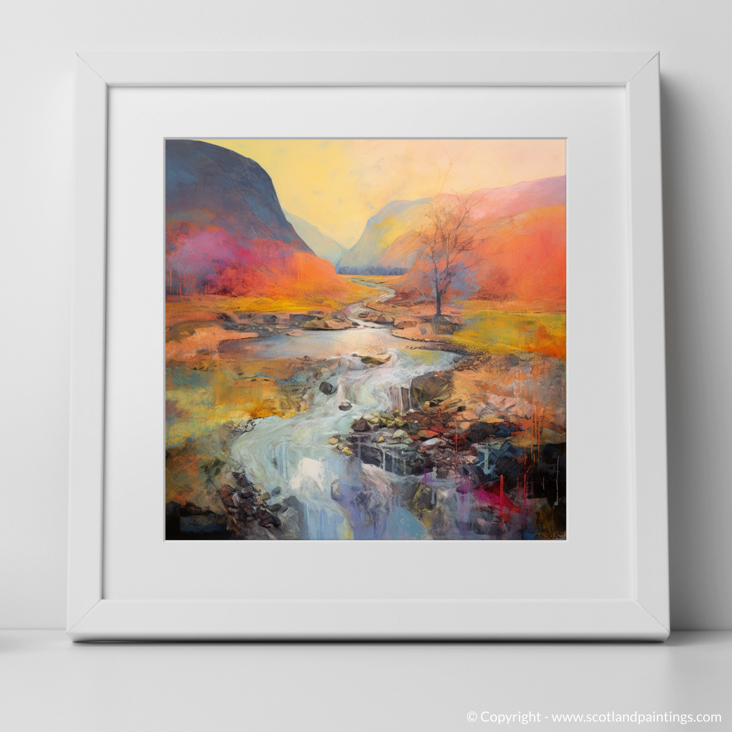 Art Print of Walker crossing River Coe in Glencoe with a white frame