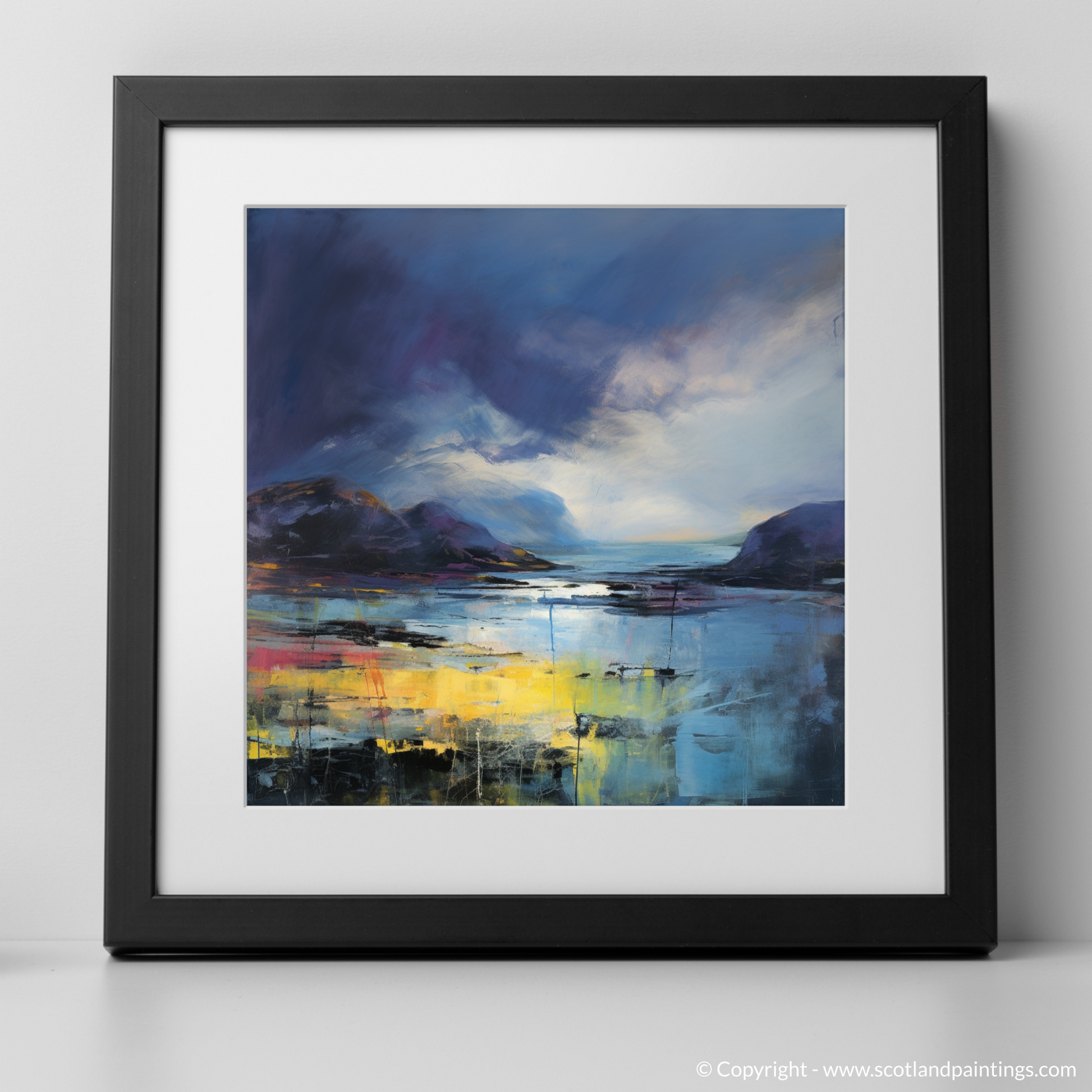 Art Print of Easdale Sound with a stormy sky with a black frame