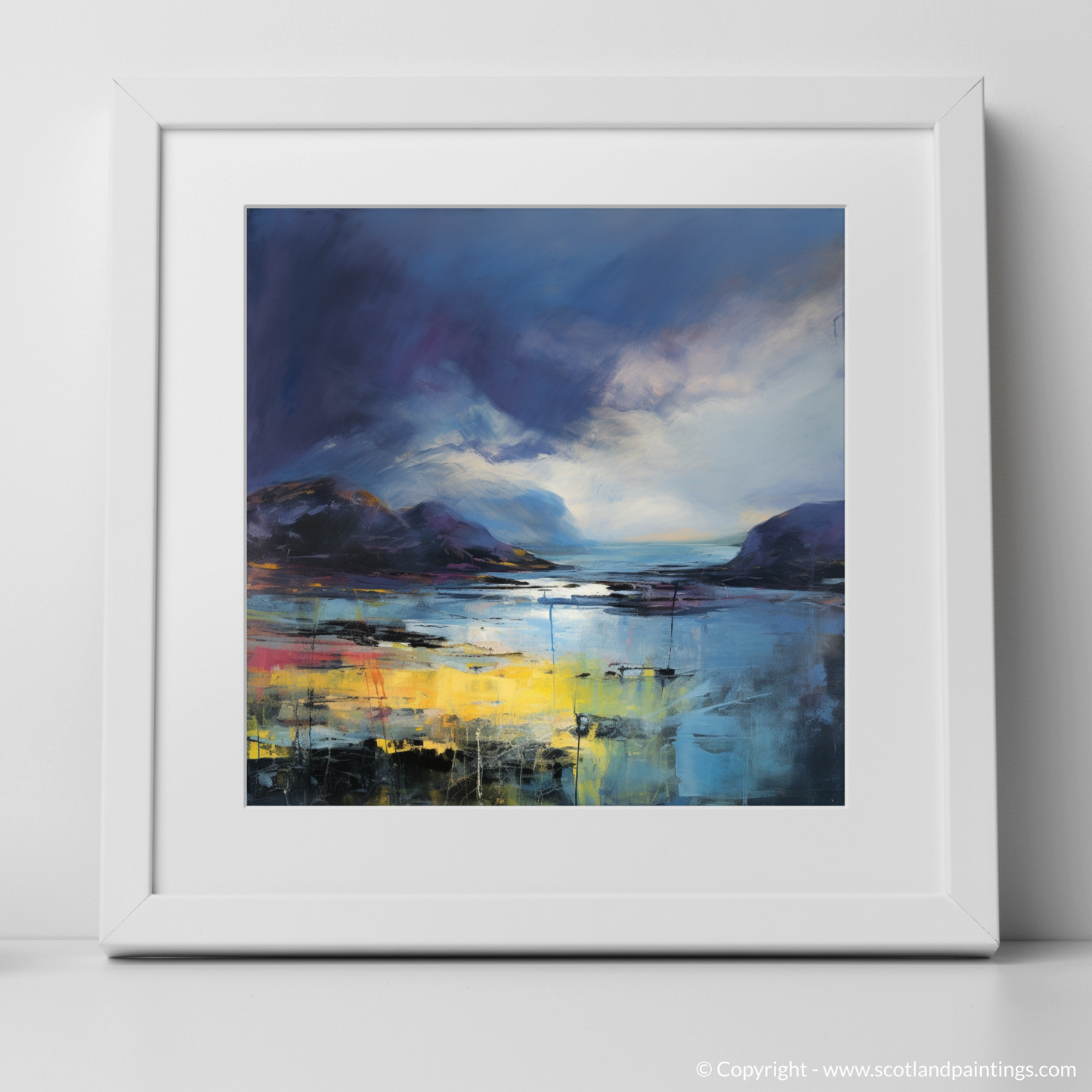 Art Print of Easdale Sound with a stormy sky with a white frame