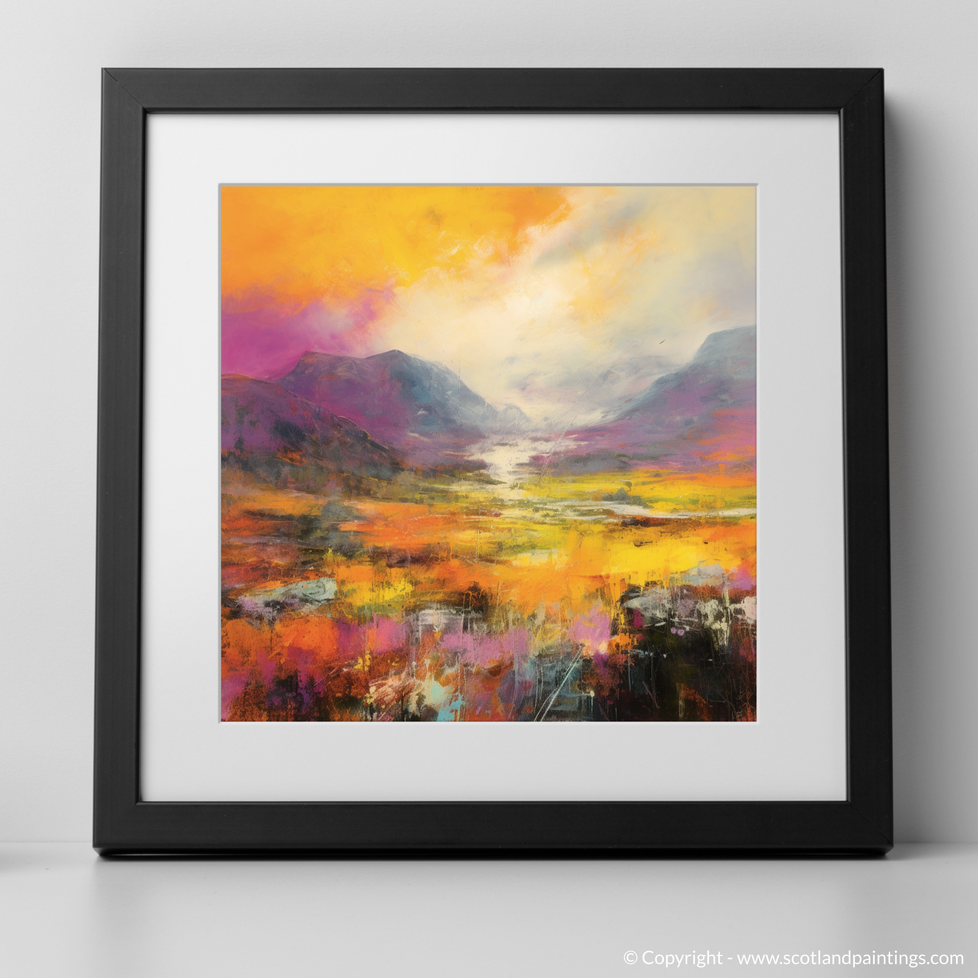 Art Print of Golden light on heather in Glencoe with a black frame