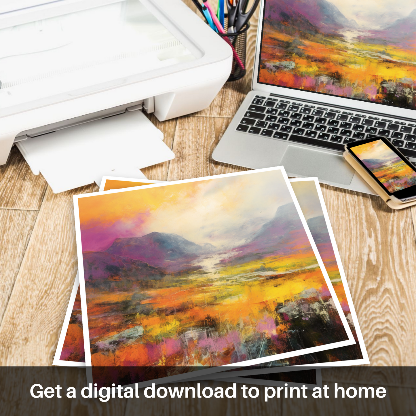 Downloadable and printable picture of Golden light on heather in Glencoe